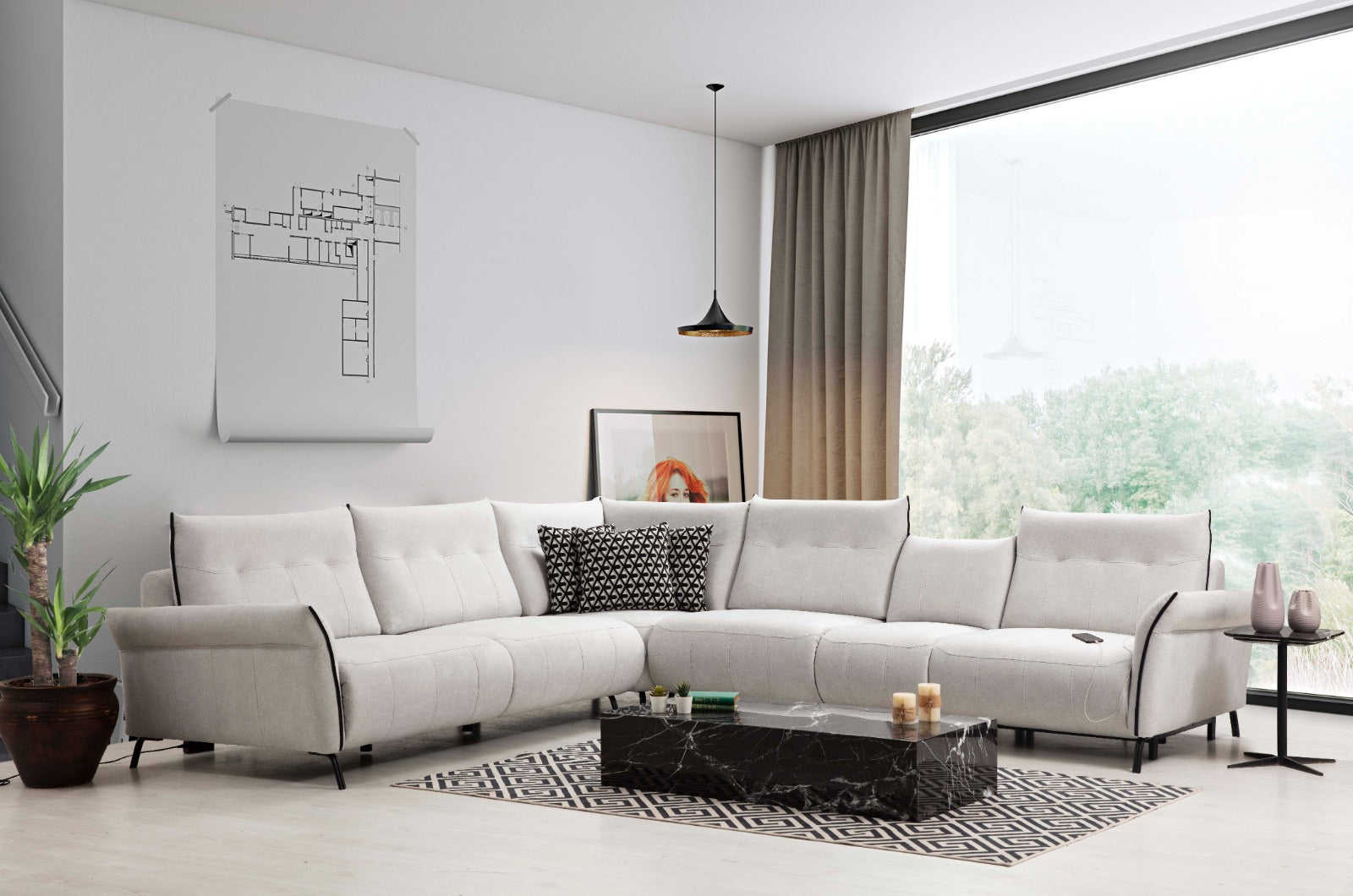 Netline Home Interior Mozart Corner Recliner Sofa showing plush cushions and modern design for relaxed everyday comfort.
