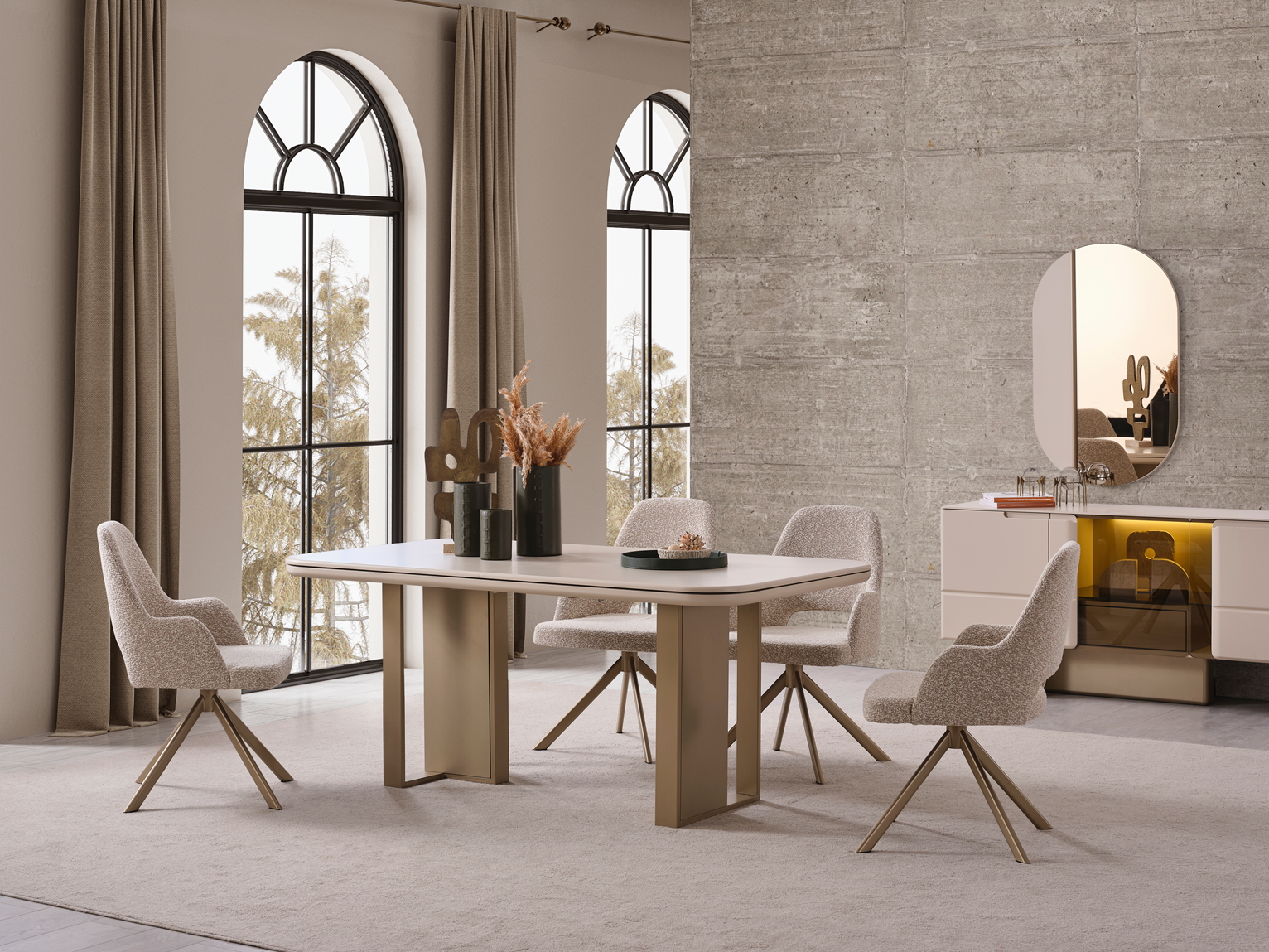 Modern Oslo dining table with matching chairs from Netline Home Interior, showcasing a sleek, stylish family dining set.