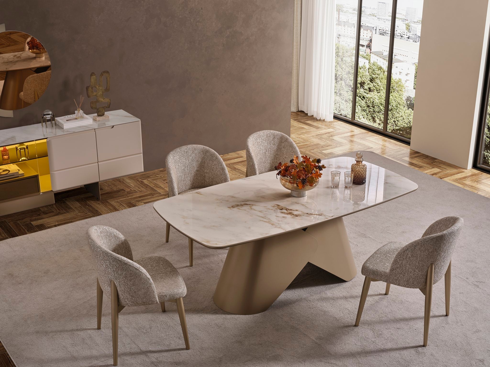 Modern Oslo luxury dining table with matching chairs by Netline Home Interior, showcasing a sleek wooden design in a stylish dining room setting.