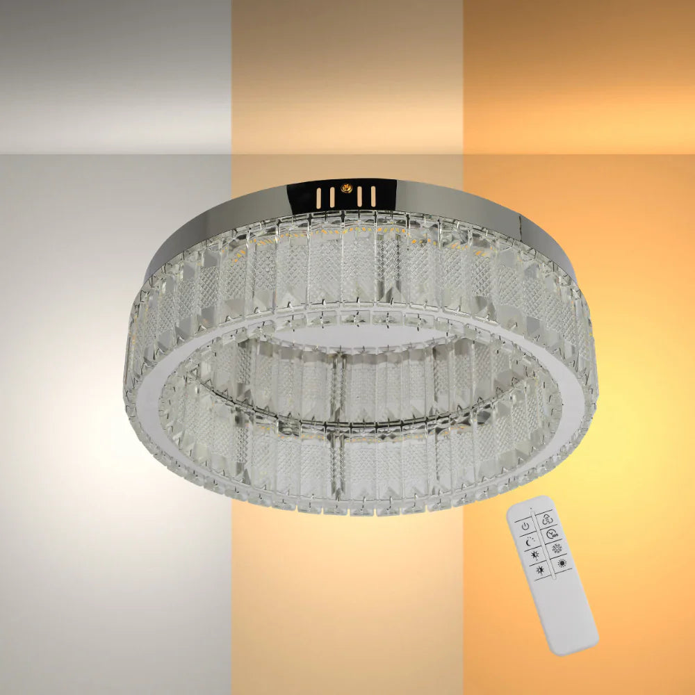 Contemporary chrome flush ceiling light with crystal ring and remote control, featuring three color options for modern home lighting.