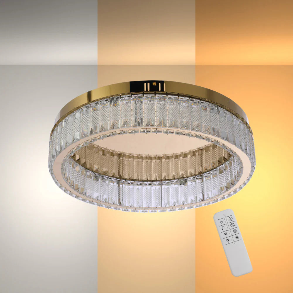 Gold flush ceiling light with crystal ring design, remote control, and three color options, ideal for modern home lighting.