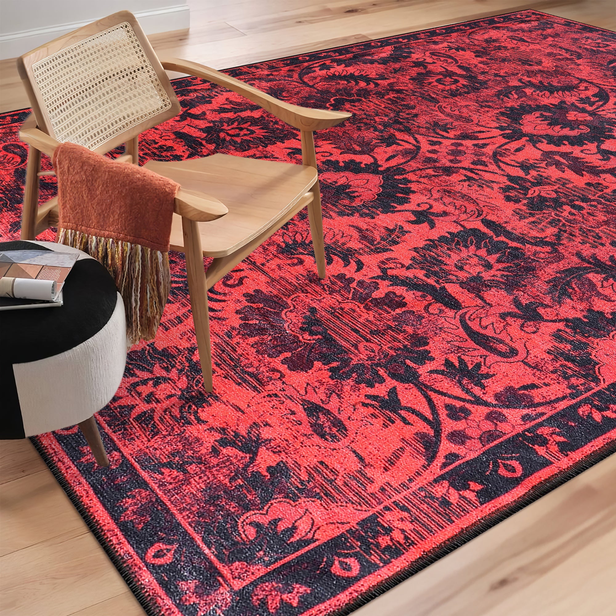 Netline Home Rugs Depot RW1010 – Machine Washable Red Vintage Floral Rug | Damask-Inspired Oriental Carpet for Living Room, Bedroom & Dining