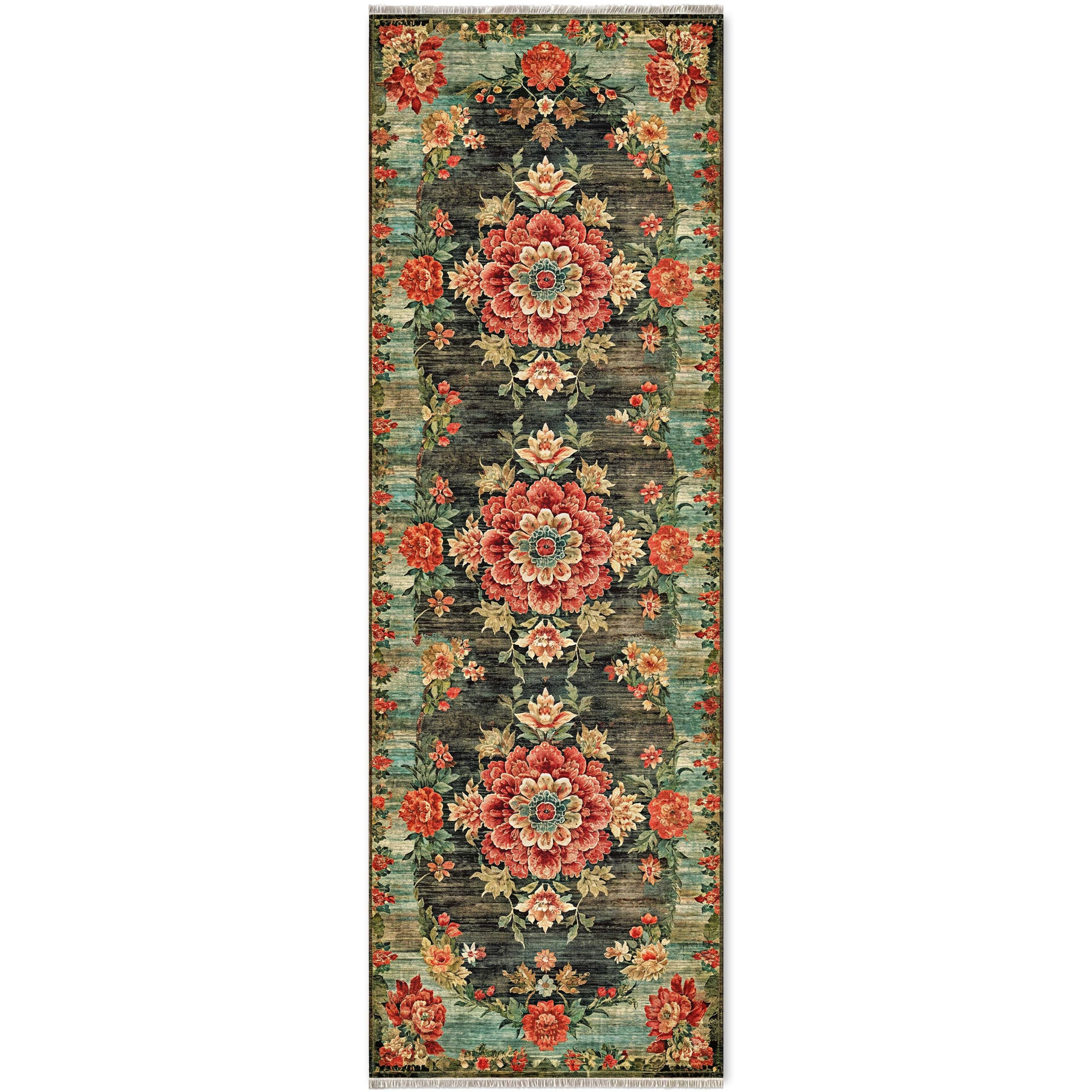 Netline Home Red Burgundy Black Anthracite Green Khaki Ethnic Machine Washable Chenille Rug Design 606-01 - Gallery Image 7 - Netline Home