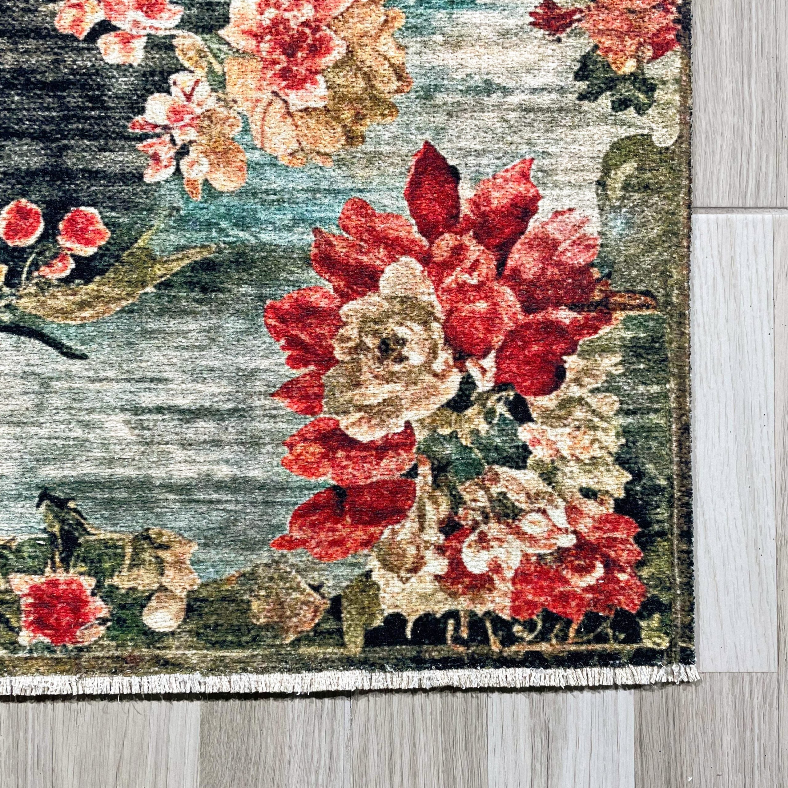 Netline Home Red Burgundy Black Anthracite Green Khaki Ethnic Machine Washable Chenille Rug Design NH7093 - Detailed Photoshoot - Netline Home