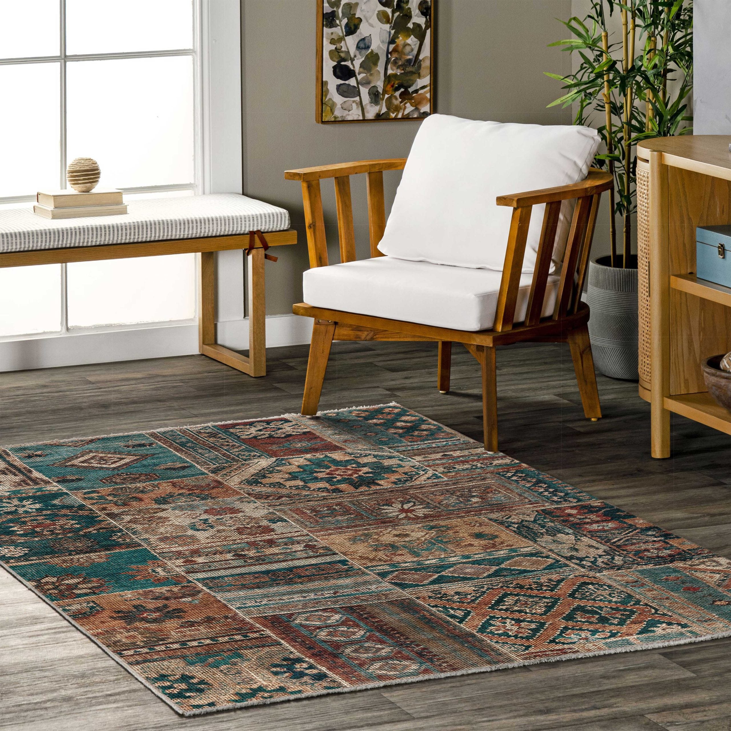 Netline Home Mink Brown Green Khaki Ethnic Machine Washable Chenille Rug Design 608-01 - Gallery Image 9 - Netline Home
