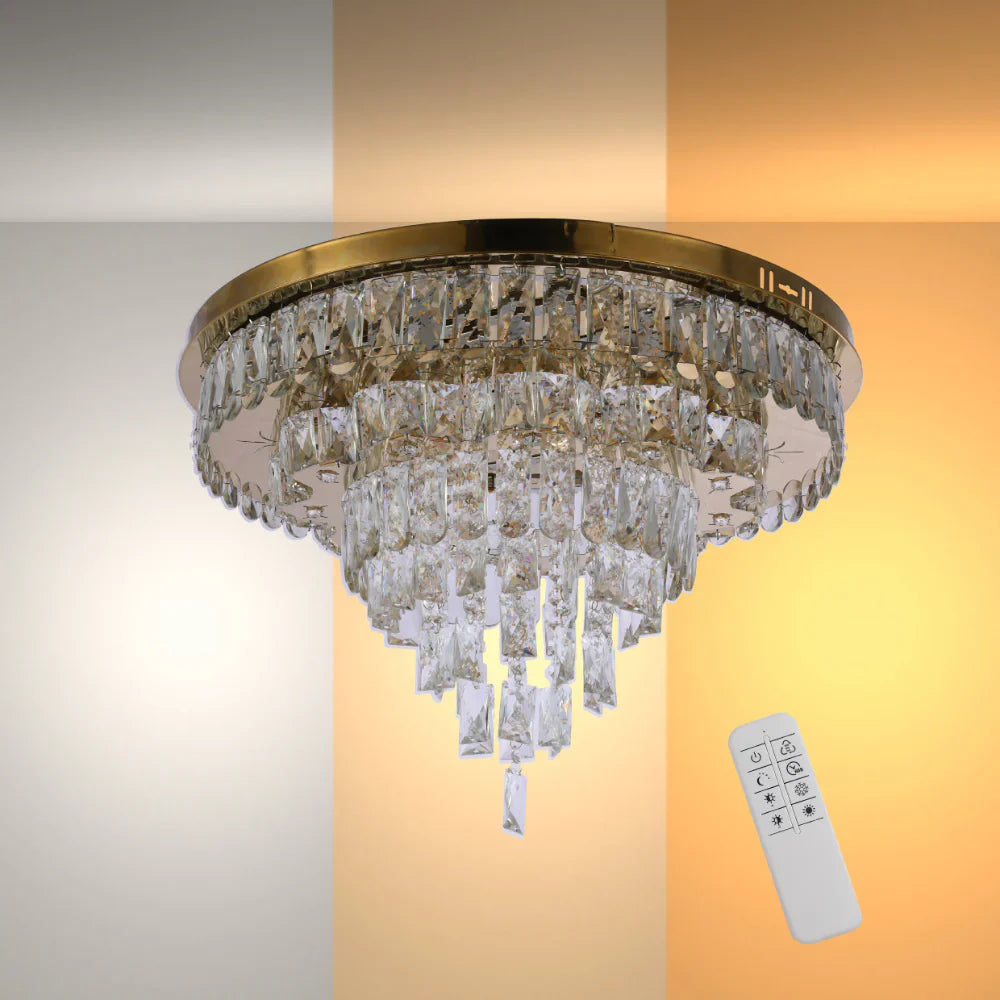Three-tiered cascading flush ceiling light by Netline Home Interior with remote control and three color options, 600mm diameter.
