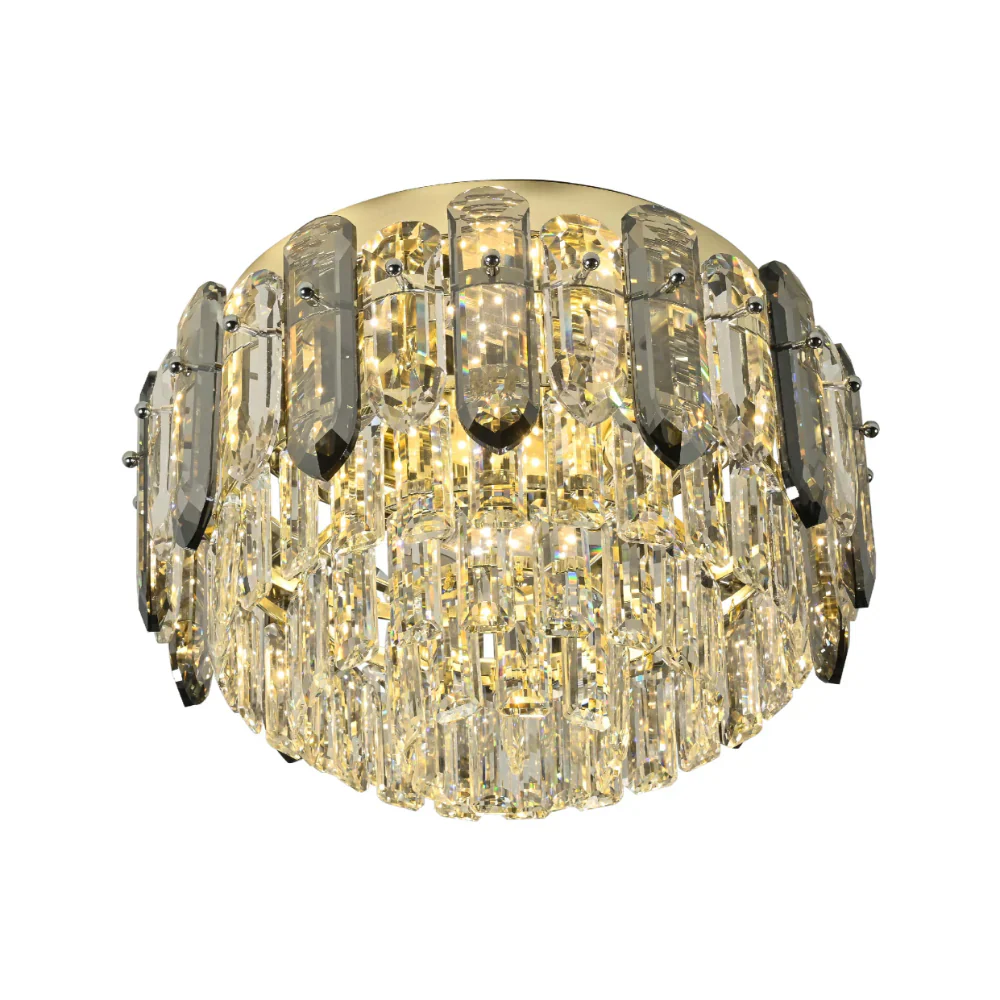 Netline Home Interior tiered flush chandelier ceiling light with smoky and clear crystals, modern gold finish, contemporary home lighting.