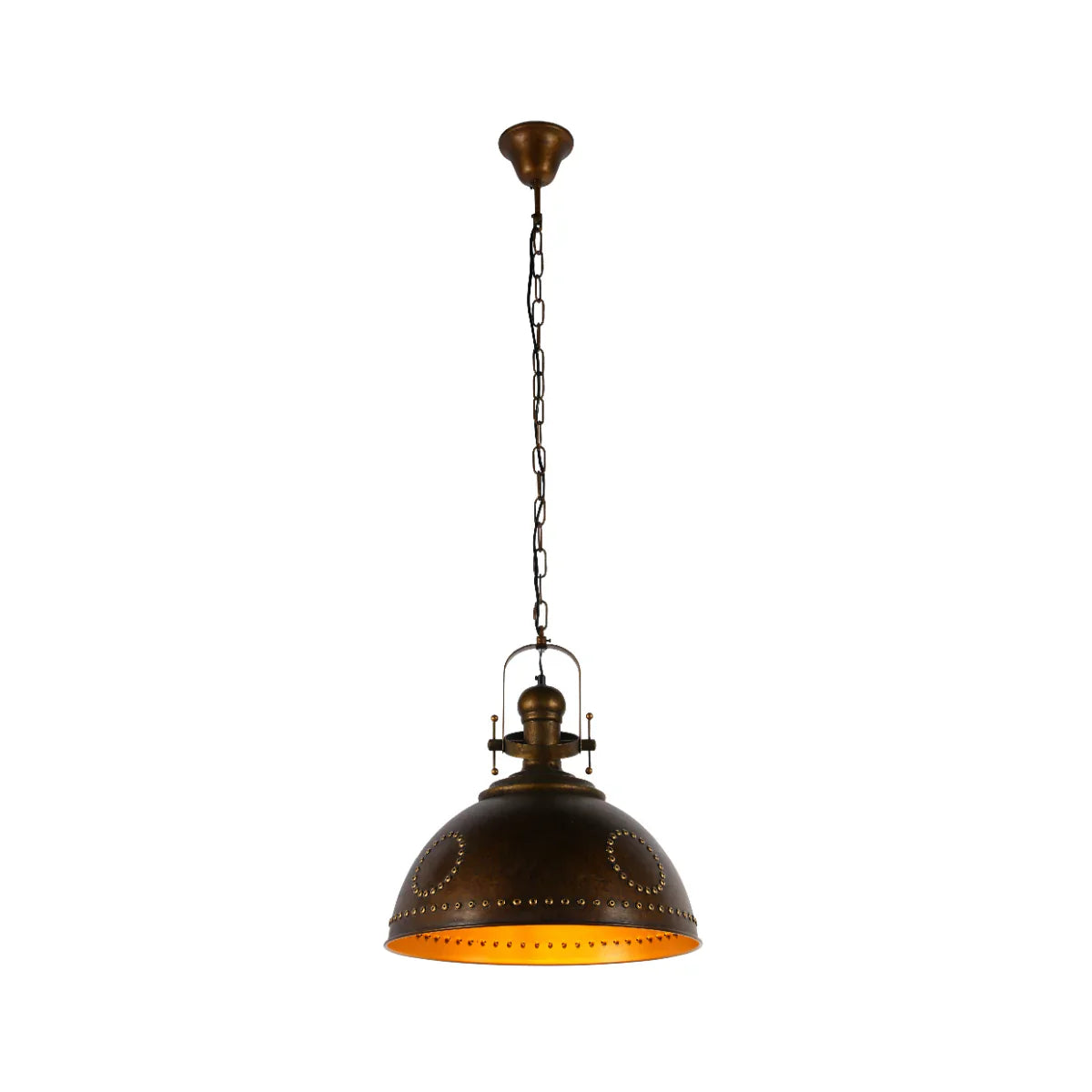 Vintage industrial dome pendant light with rivet detailing, modern statement lighting by Netline Home Interior.