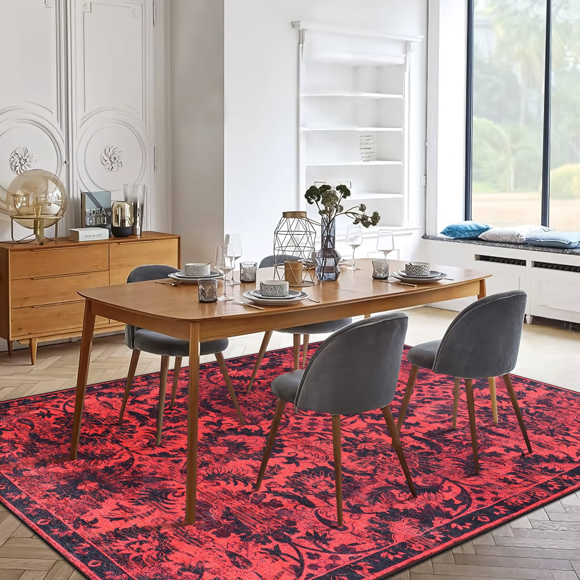 Netline Home Rugs Depot RW1010 – Machine Washable Red Vintage Floral Rug | Damask-Inspired Oriental Carpet for Living Room, Bedroom & Dining