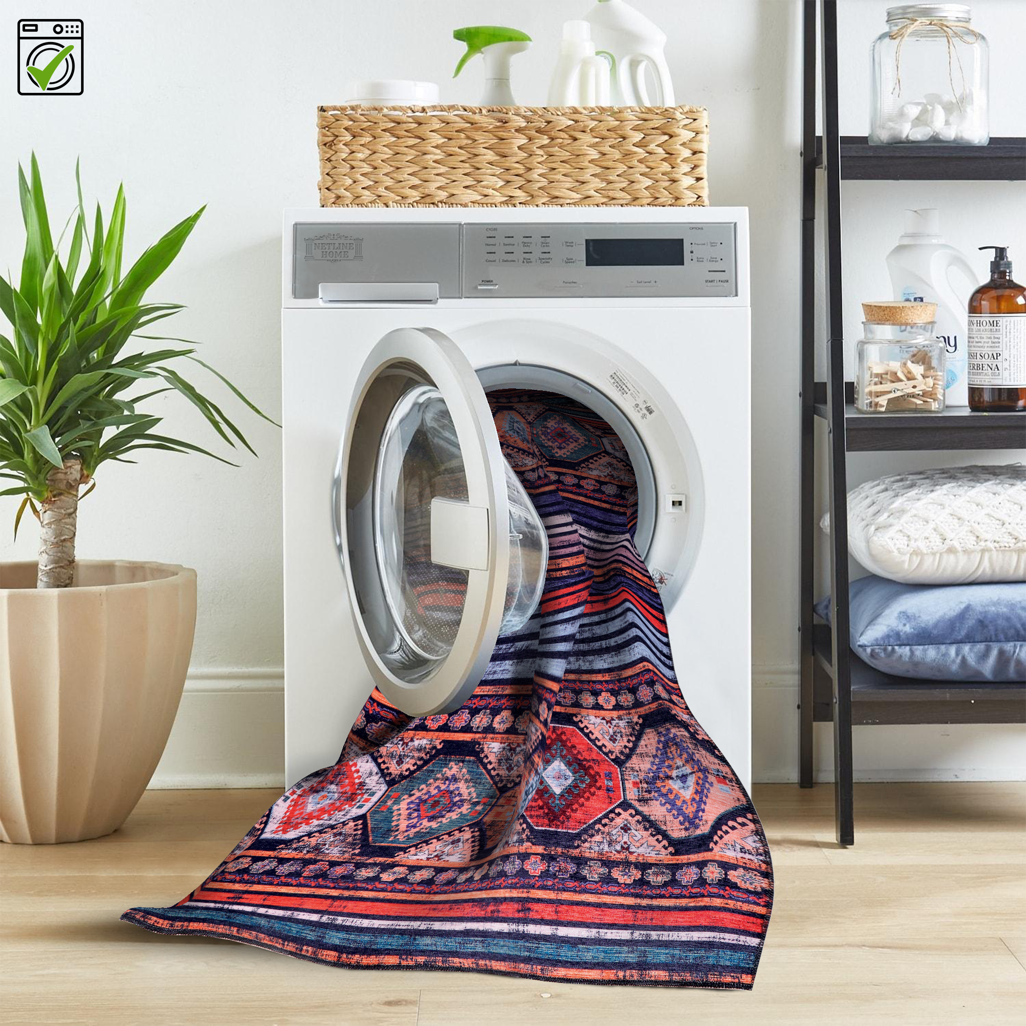 Dusky Patina Bright Blue Bohemian Washable Rug – Netline Home guide