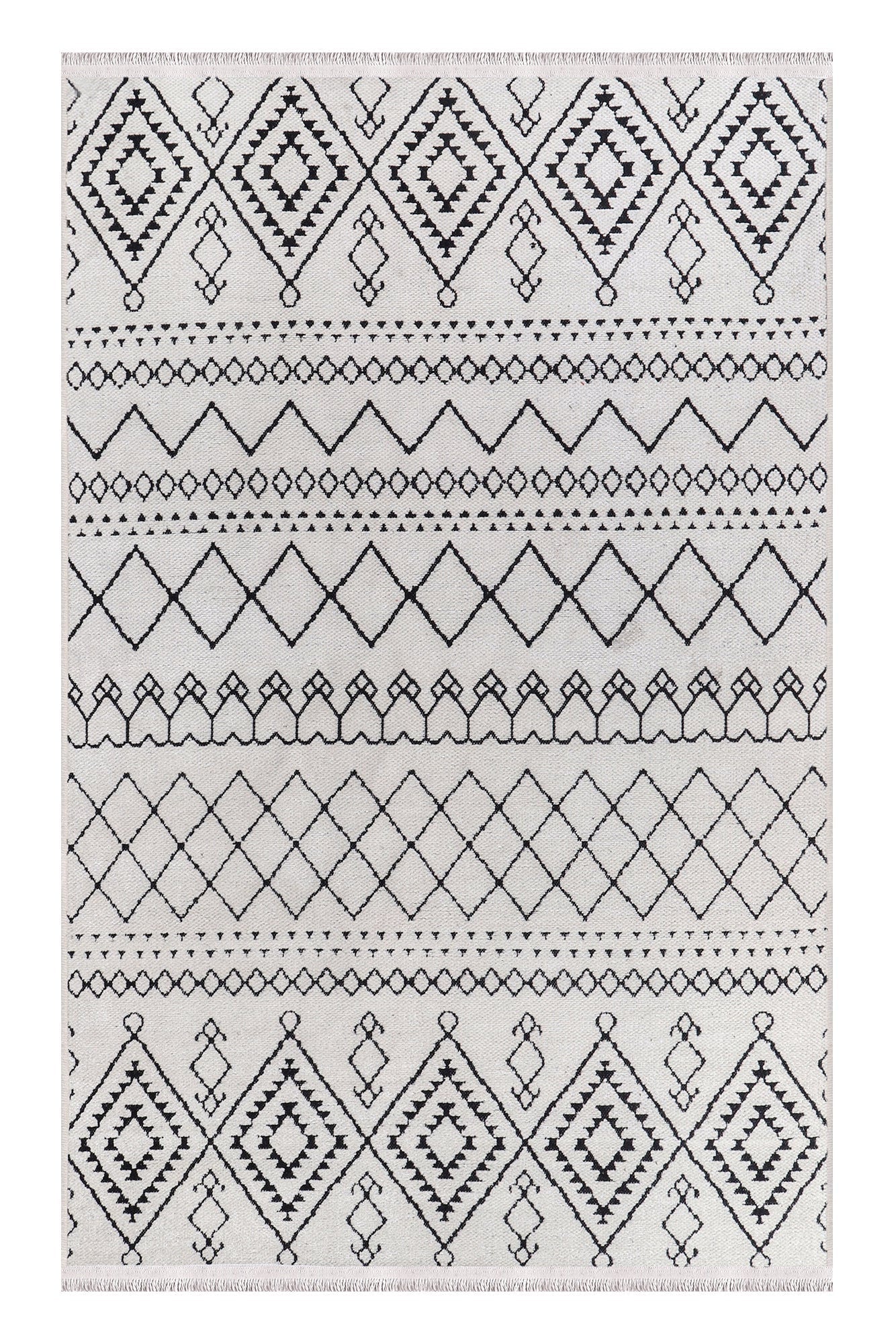 Rug with black geometric pattern on a white background