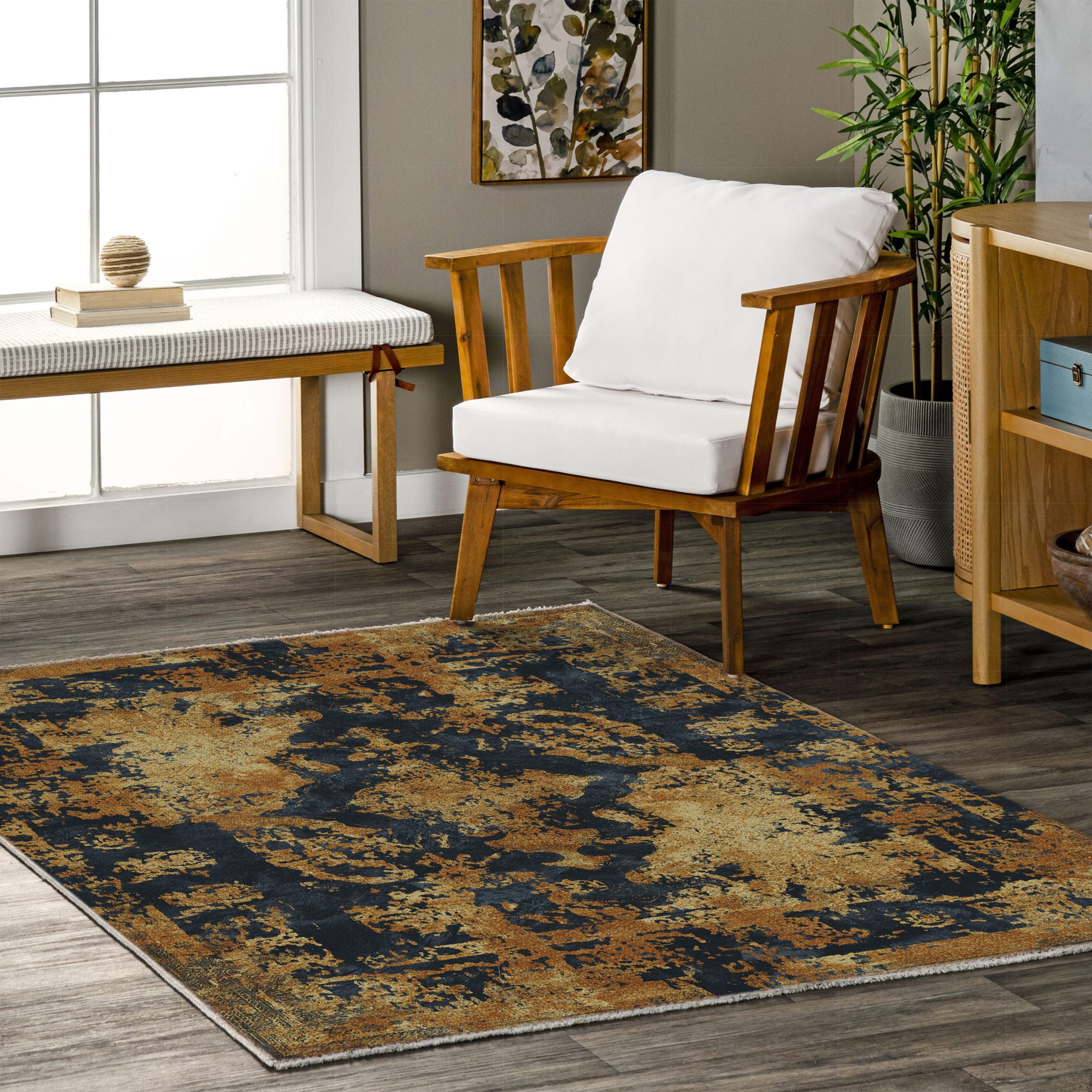 Netline Home Yellow Gold Black Anthracite Orange Terracotta Vintage Machine Washable Chenille Rug Design NH7019 - Gallery Image 5 - Netline Home