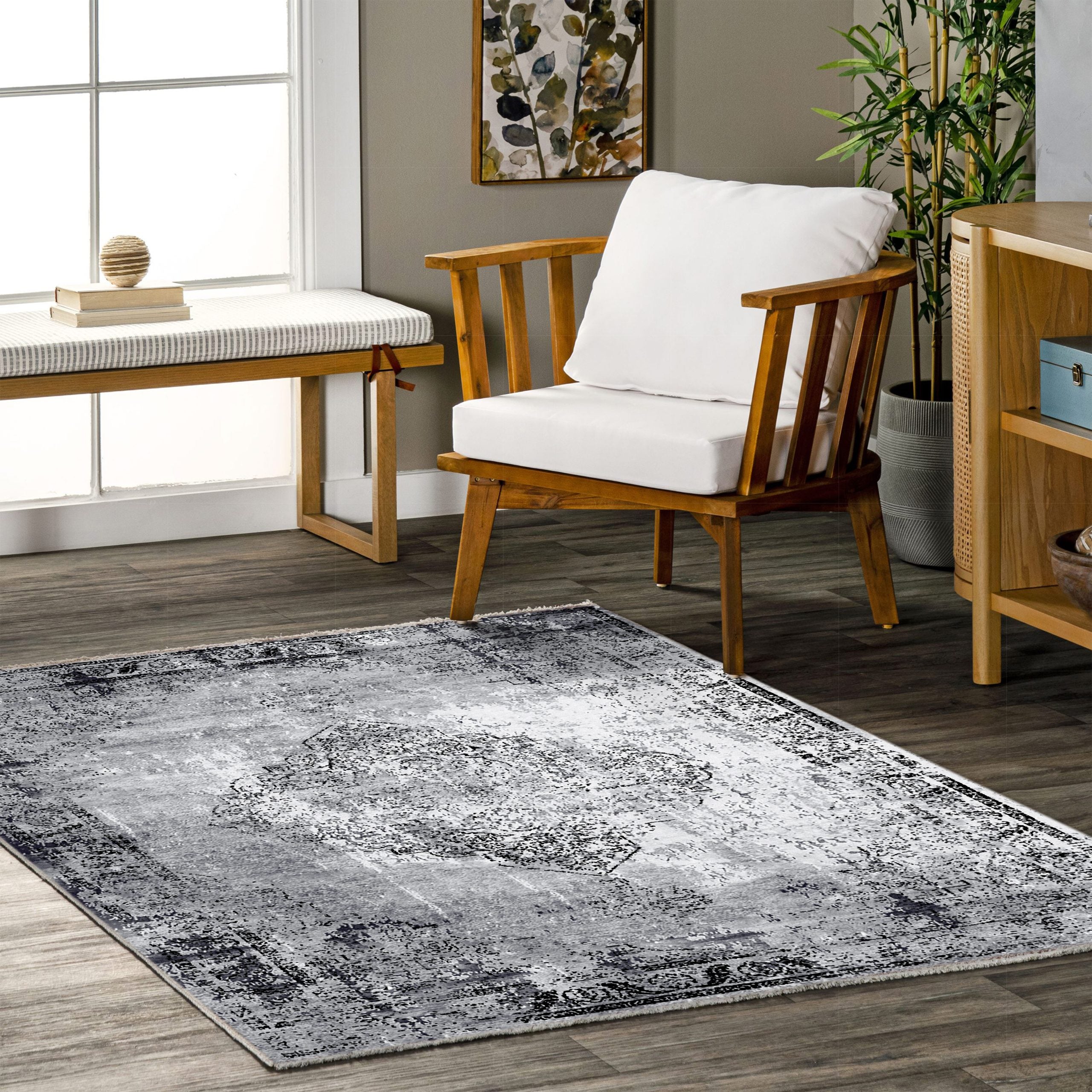 Netline Home Gray Silver Black Anthracite Classic Vintage Machine Washable Chenille Rug Design 0010-02 - Gallery Image 5 - Netline Home