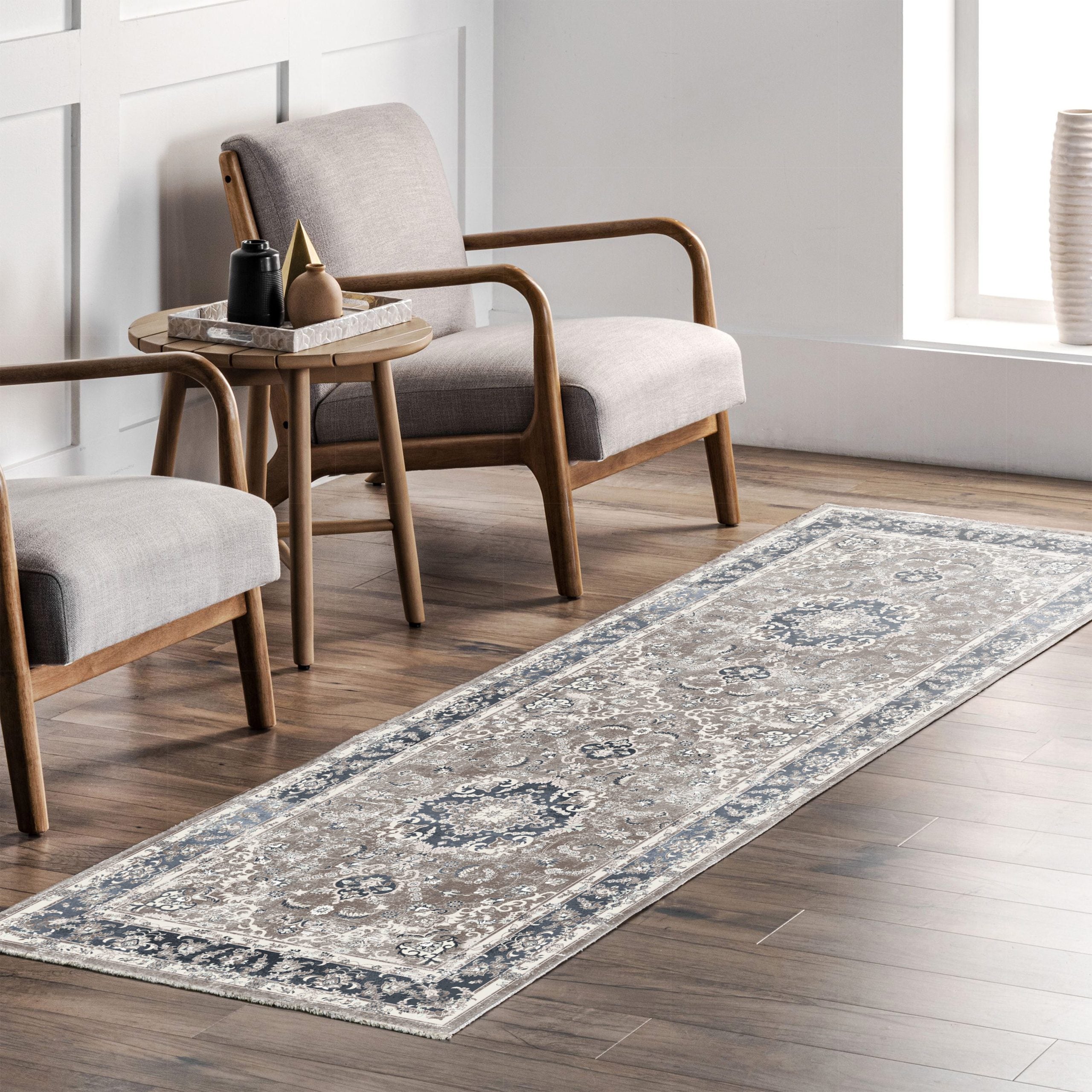 Netline Home Cream White Mink Brown Classic Vintage Machine Washable Chenille Rug Design 126-01 - Gallery Image 7 - Netline Home
