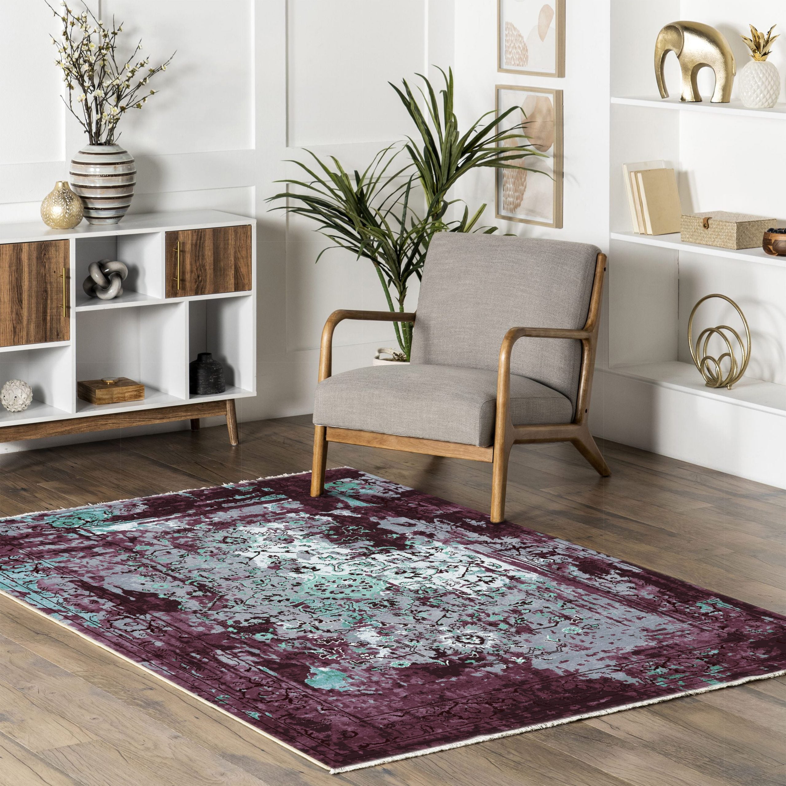 Netline Home Lilac Purple Green Khaki Vintage Machine Washable Chenille Rug Design 15-04 - Gallery Image 8 - Netline Home