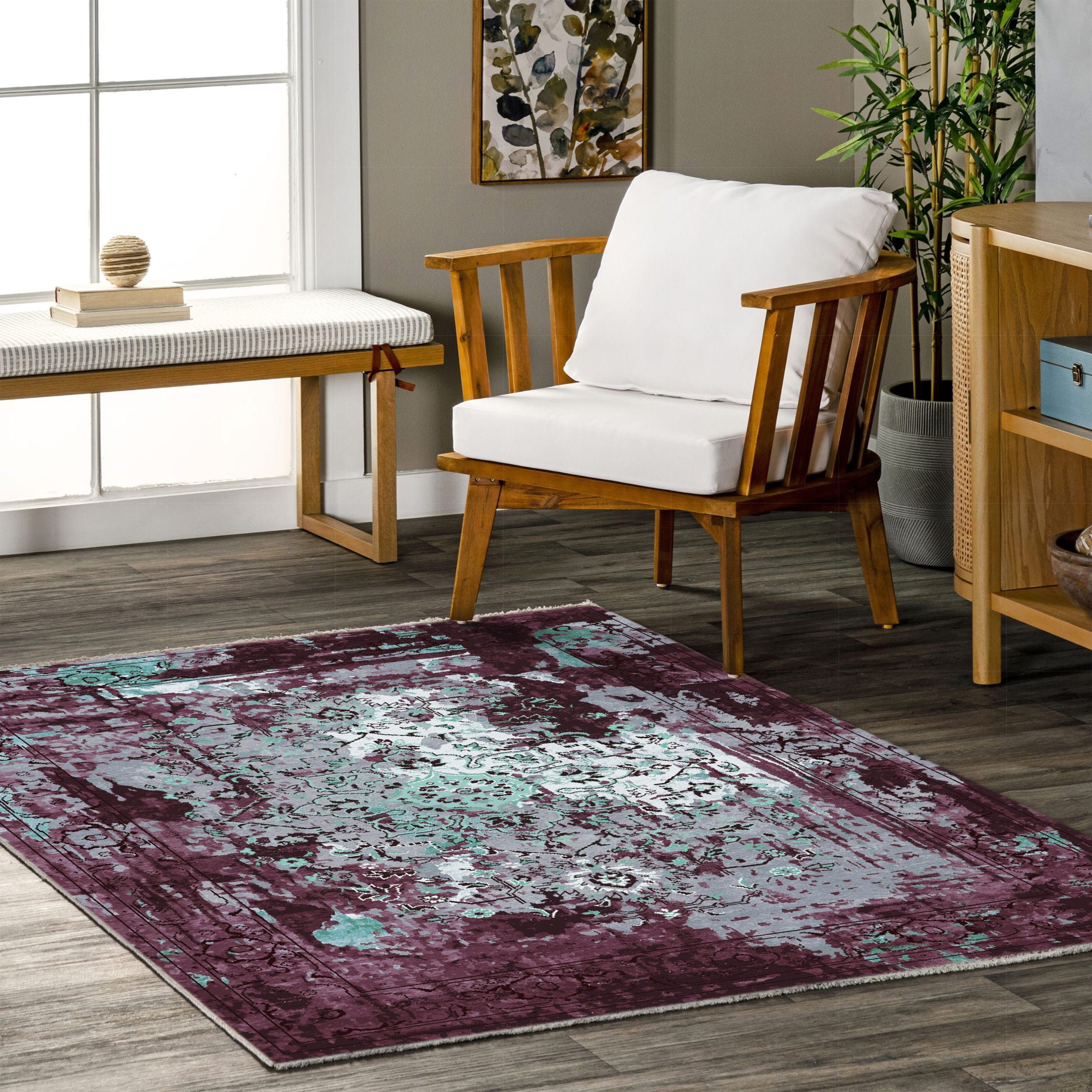 Netline Home Lilac Purple Green Khaki Vintage Machine Washable Chenille Rug Design NH7024 - Gallery Image 5 - Netline Home