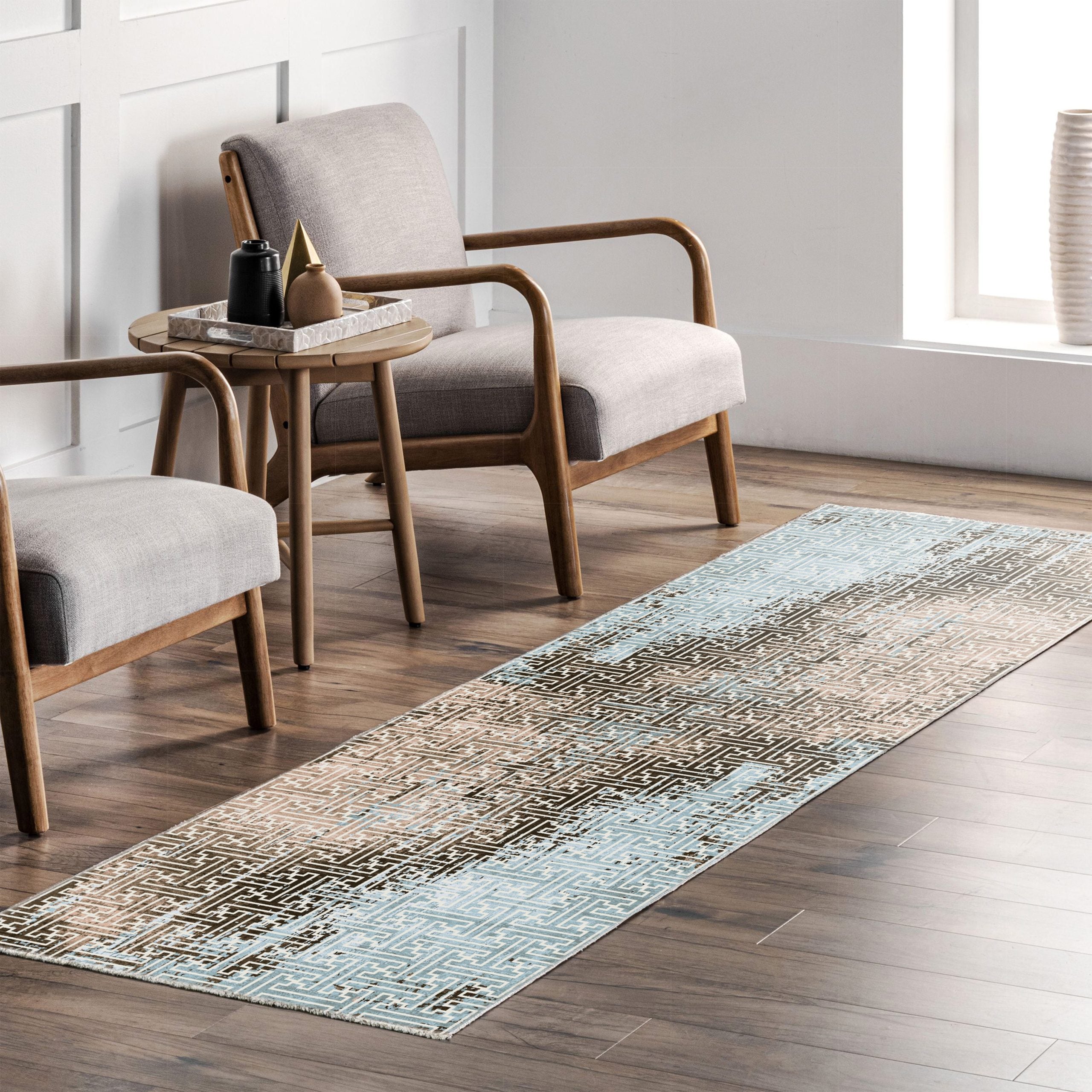Netline Home Blue Navy Mink Brown Geometric Modern Machine Washable Chenille Rug Design 17-01 - Gallery Image 7 - Netline Home