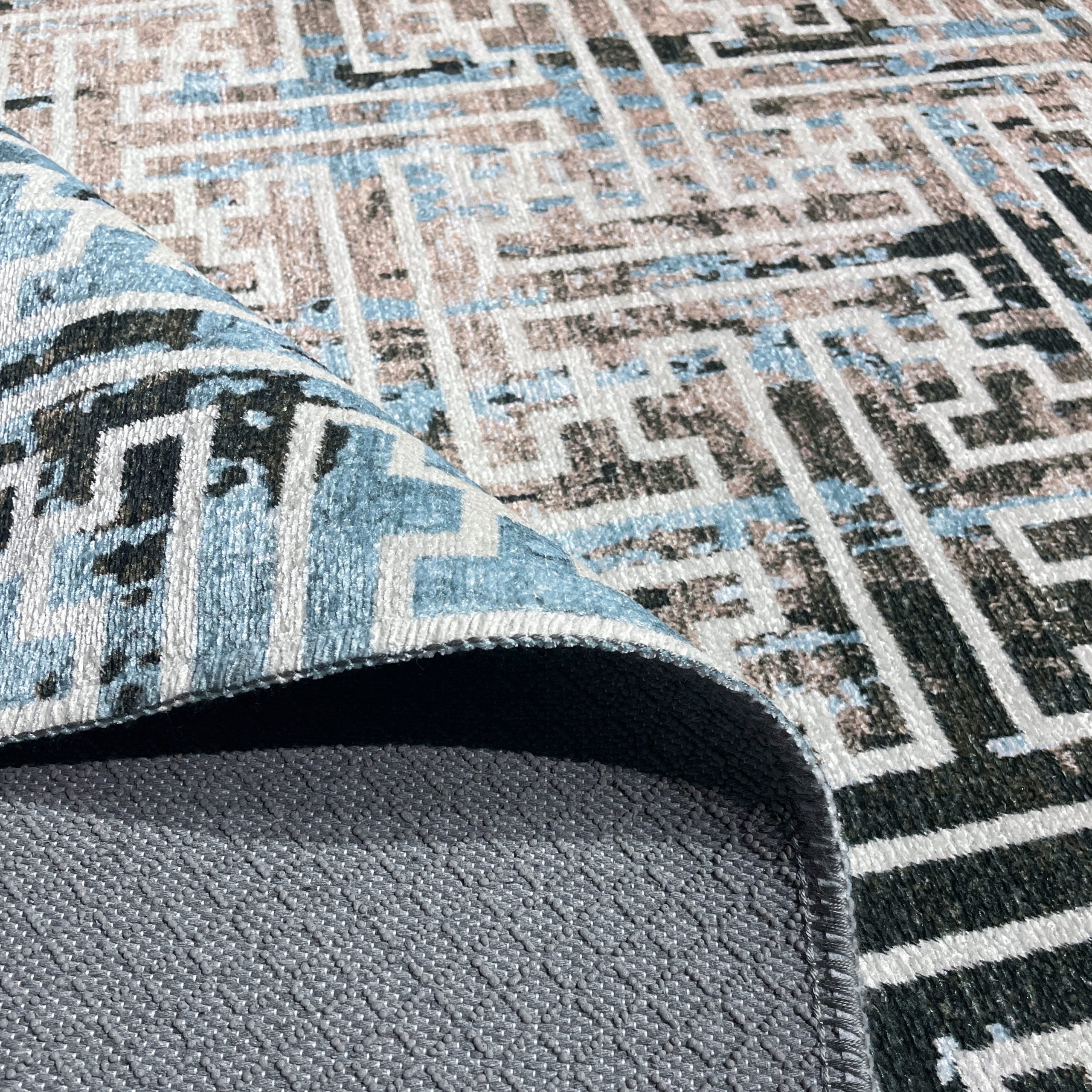 Netline Home Blue Navy Mink Brown Geometric Modern Machine Washable Chenille Rug Design 17-01 - Gallery Image 4 - Netline Home