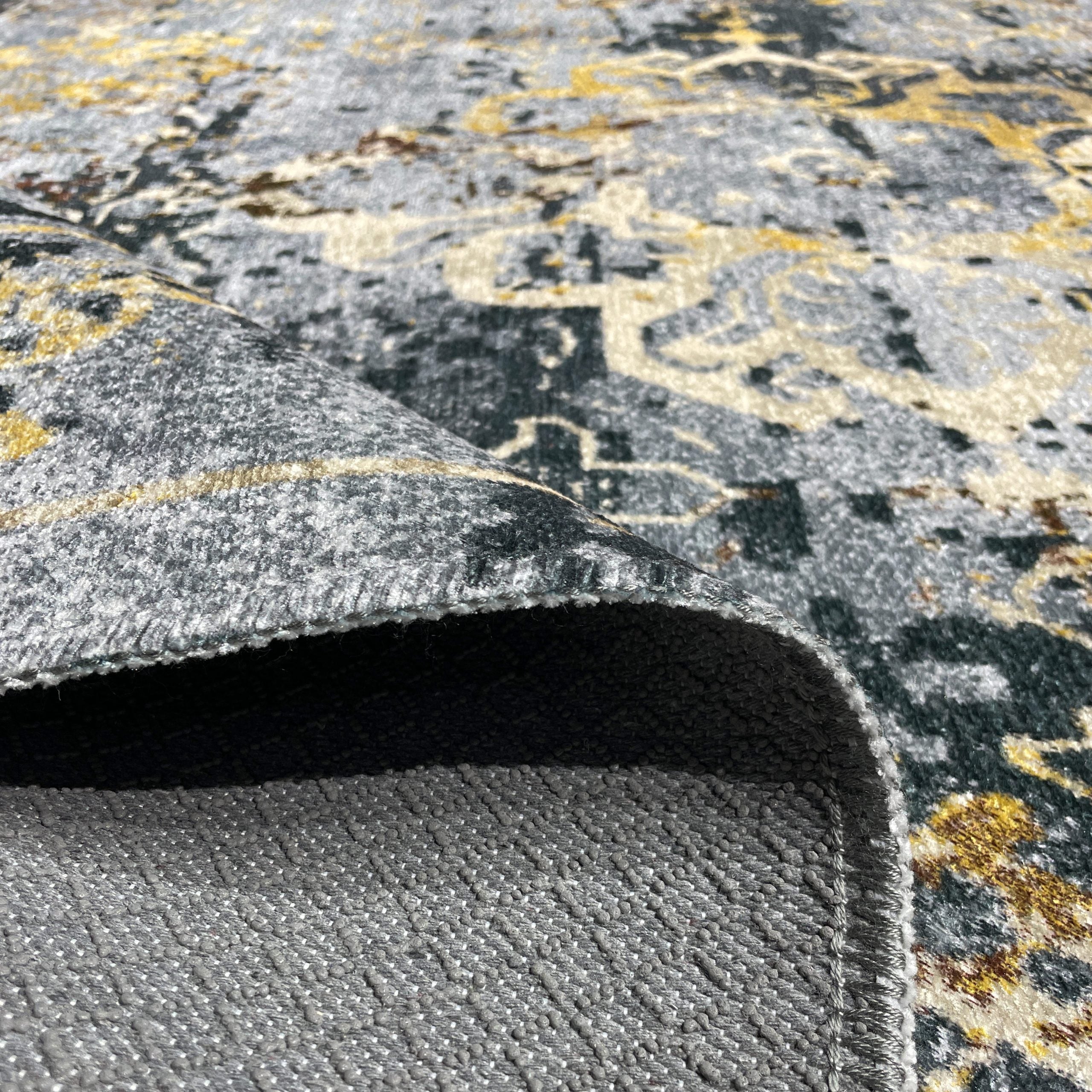 Netline Home Gray Silver Yellow Gold Classic Vintage Machine Washable Chenille Rug Design NH7028 - Gallery Image 4 - Netline Home