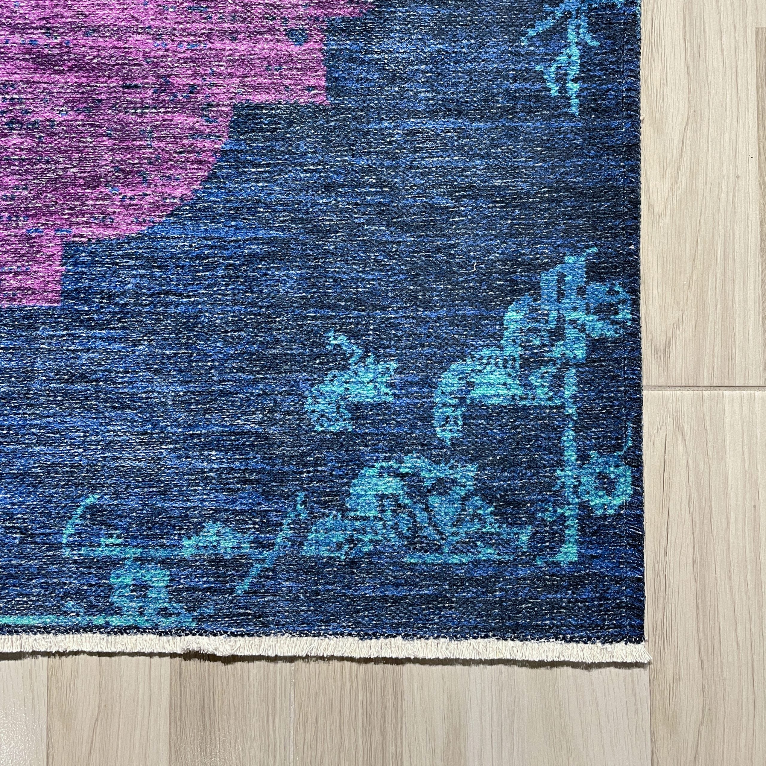 Netline Home Lilac Purple Blue Navy Pink Fuchsia Classic Vintage Machine Washable Chenille Rug Design NH7029 - Detailed Photoshoot - Netline Home