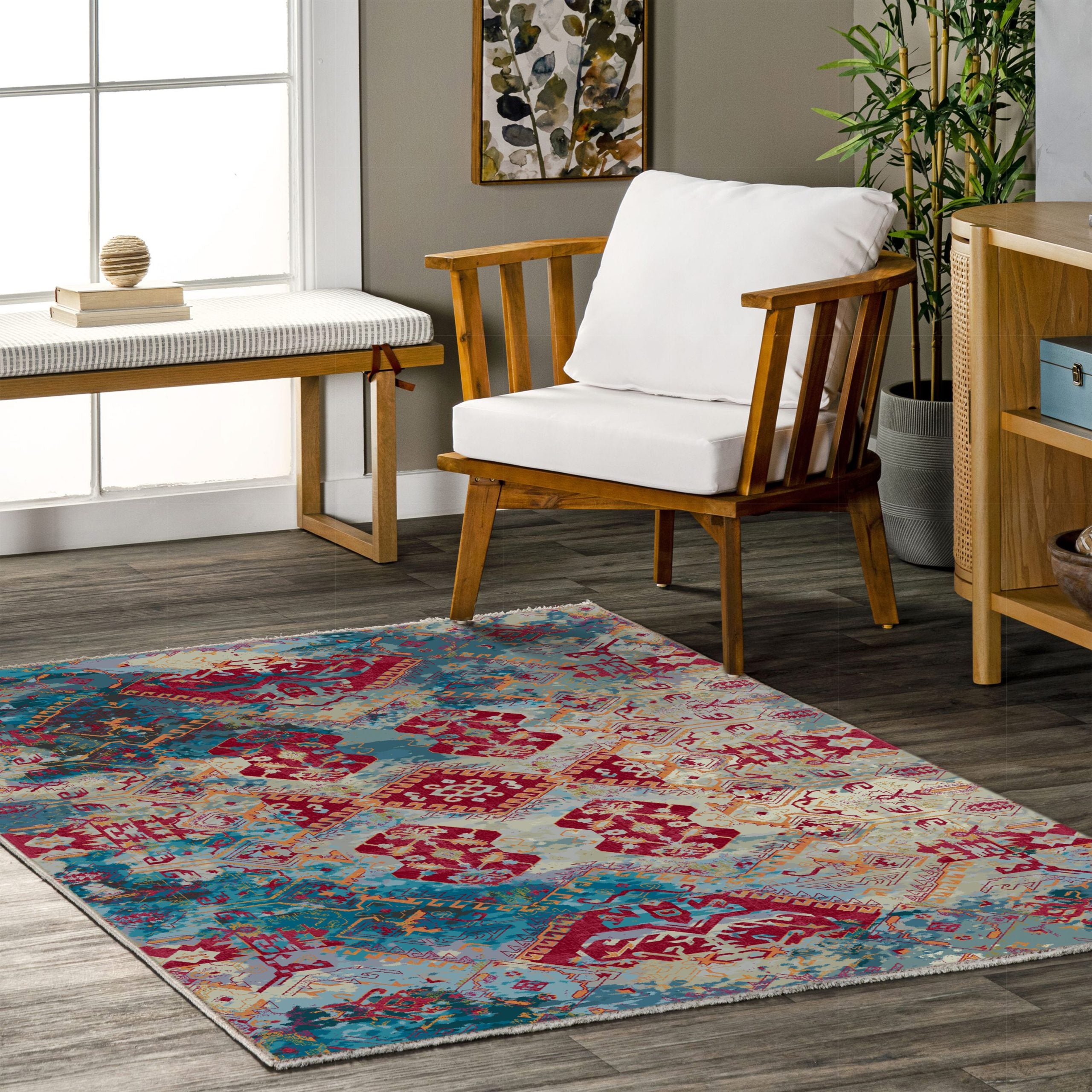Netline Home Red Burgundy Green Khaki Ethnic Machine Washable Chenille Rug Design NH7032 - Gallery Image 4 - Netline Home