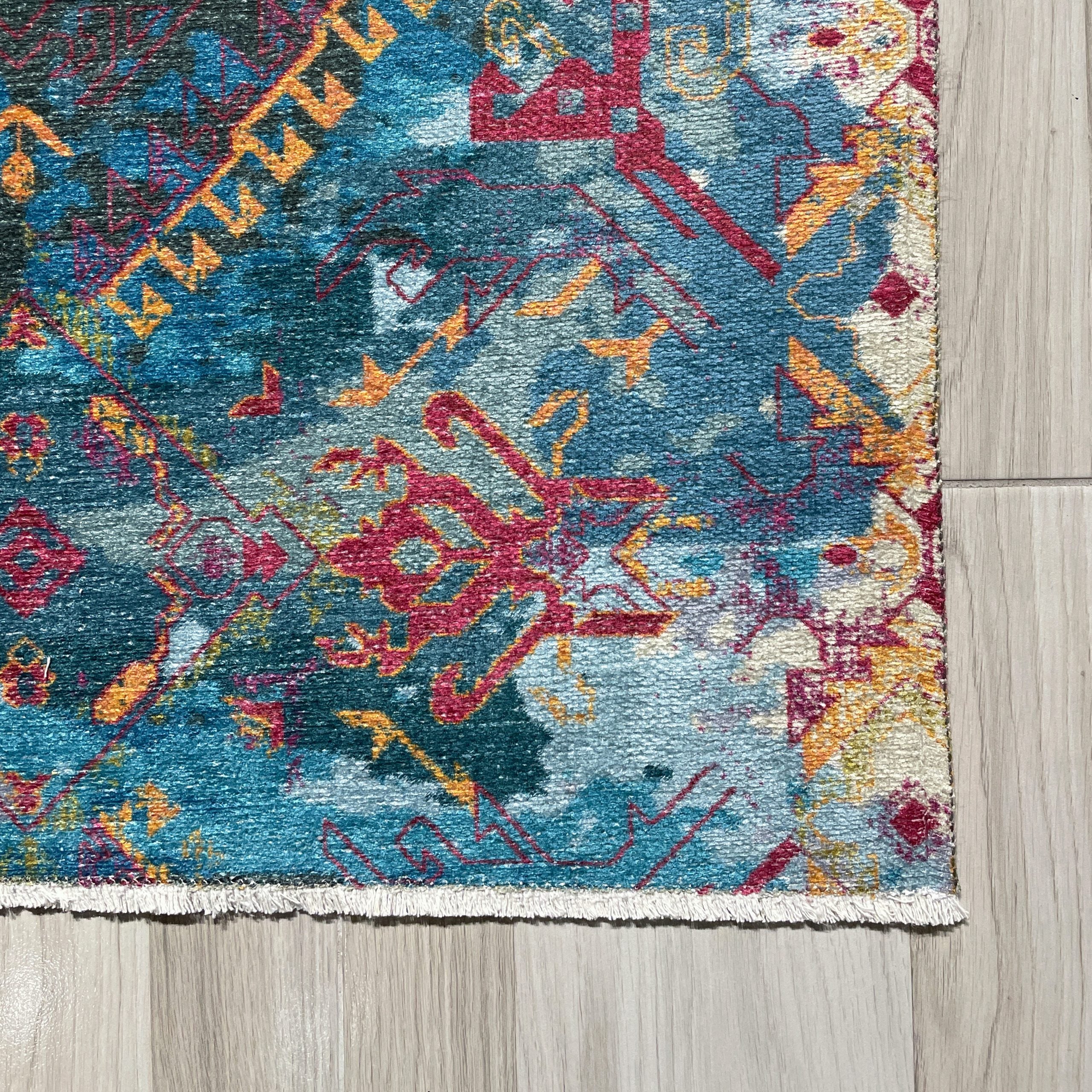 Netline Home Red Burgundy Green Khaki Ethnic Machine Washable Chenille Rug Design NH7032 - Detailed Photoshoot - Netline Home