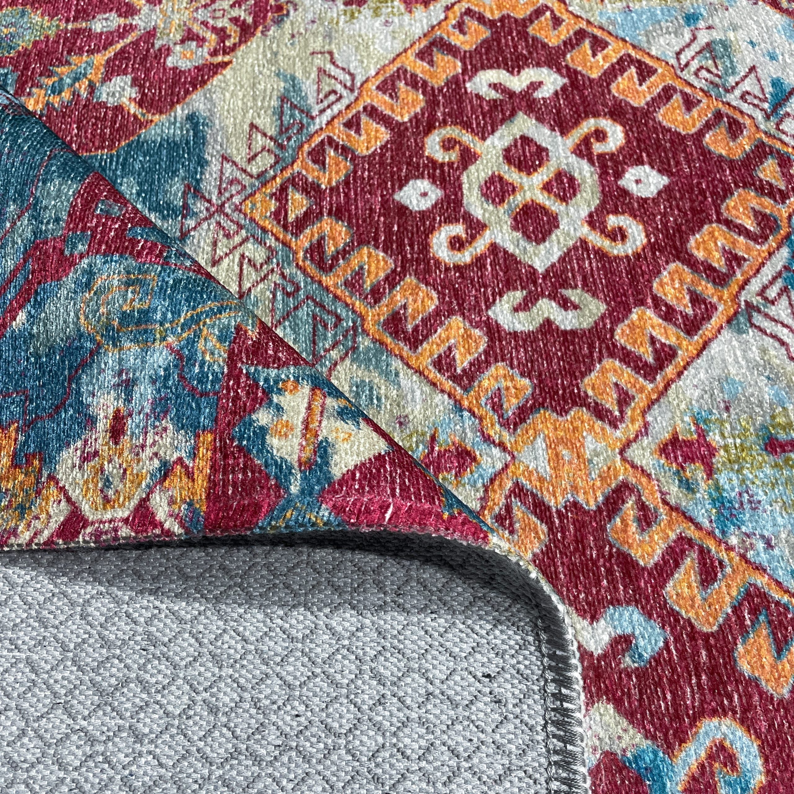 Netline Home Red Burgundy Green Khaki Ethnic Machine Washable Chenille Rug Design NH7032 - Gallery Image 3 - Netline Home