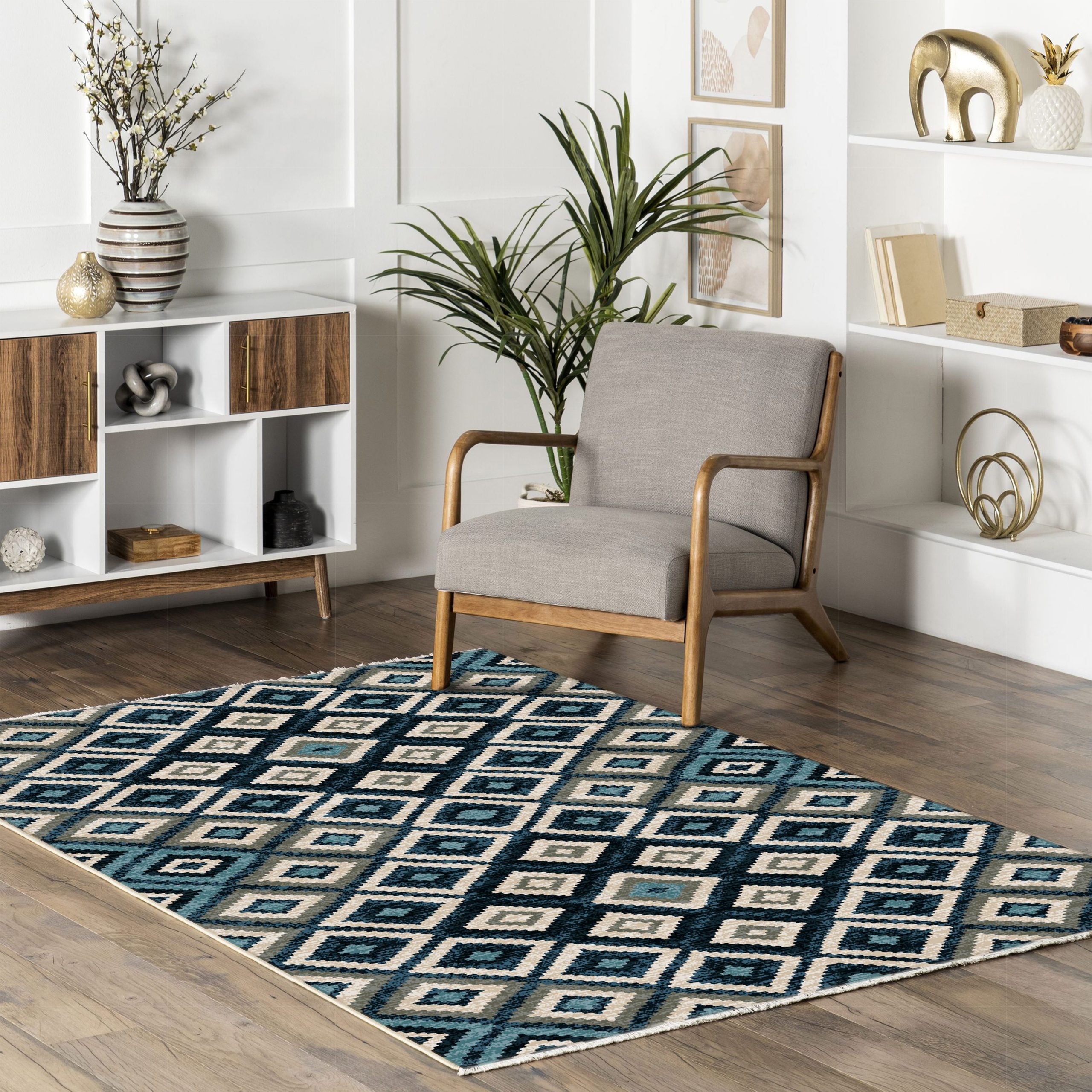 Netline Home Blue Navy Green Khaki Ethnic Classic Machine Washable Chenille Rug Design 444-02 - Gallery Image 8 - Netline Home