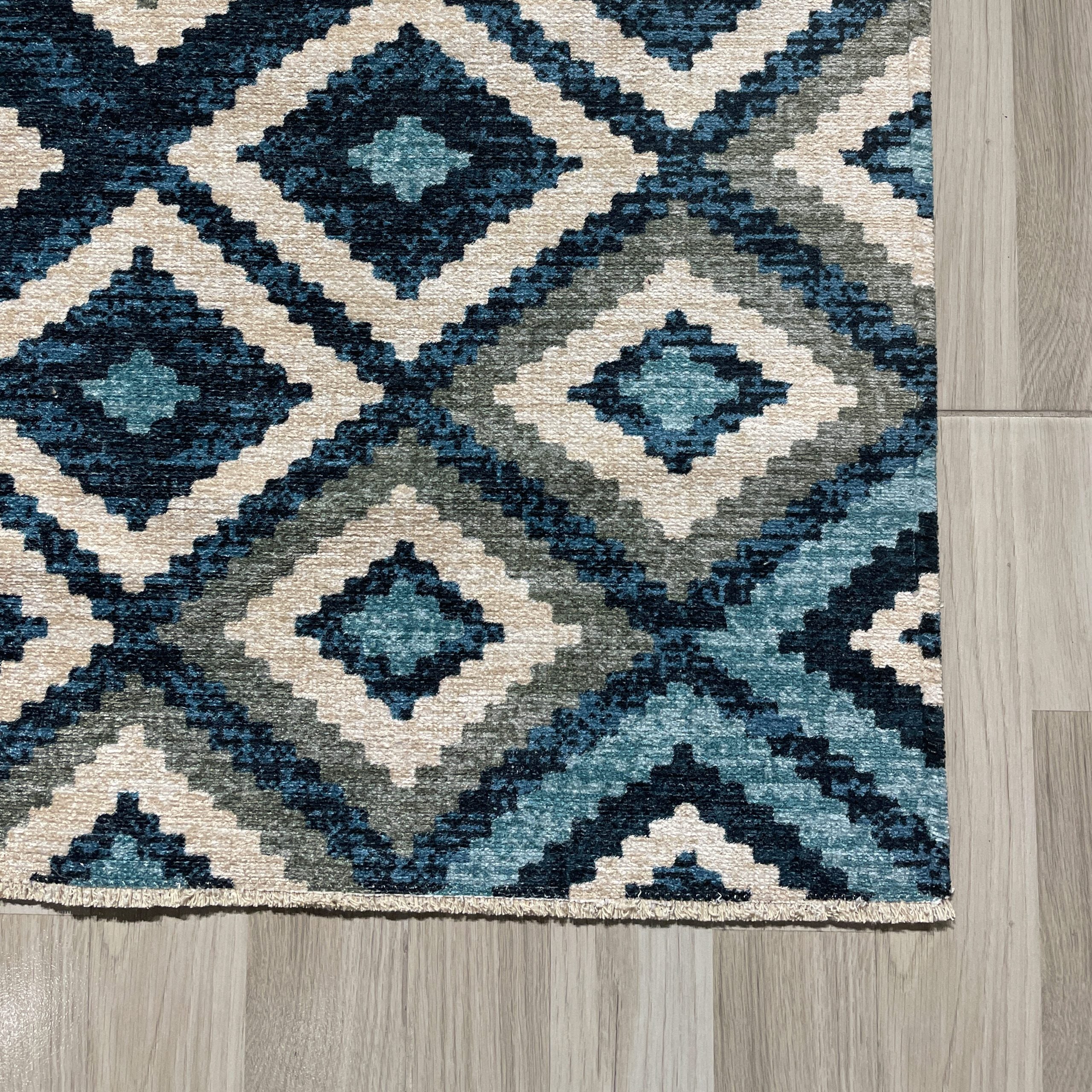 Netline Home Blue Navy Green Khaki Ethnic Classic Machine Washable Chenille Rug Design NH7070 - Detailed Photoshoot - Netline Home