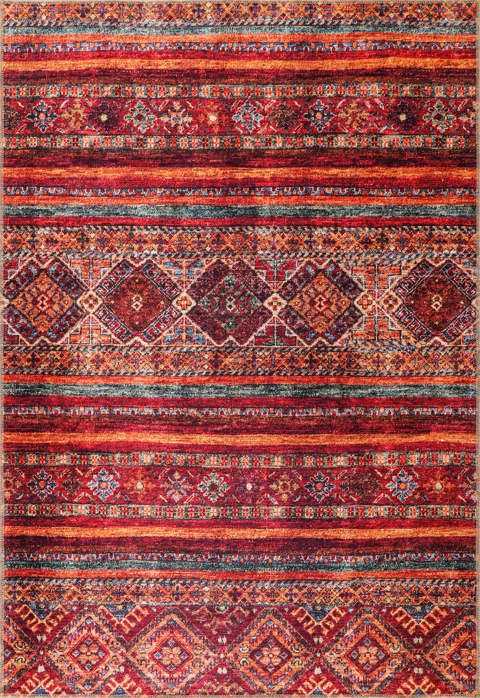 Netline Home Rugs Depot NL1007 – Tappeto tribale a rombi lavabile in lavatrice | Tappeto a righe multicolor ispirato al kilim per soggiorno, camera da letto e sala da pranzo shown in an illustrative room
