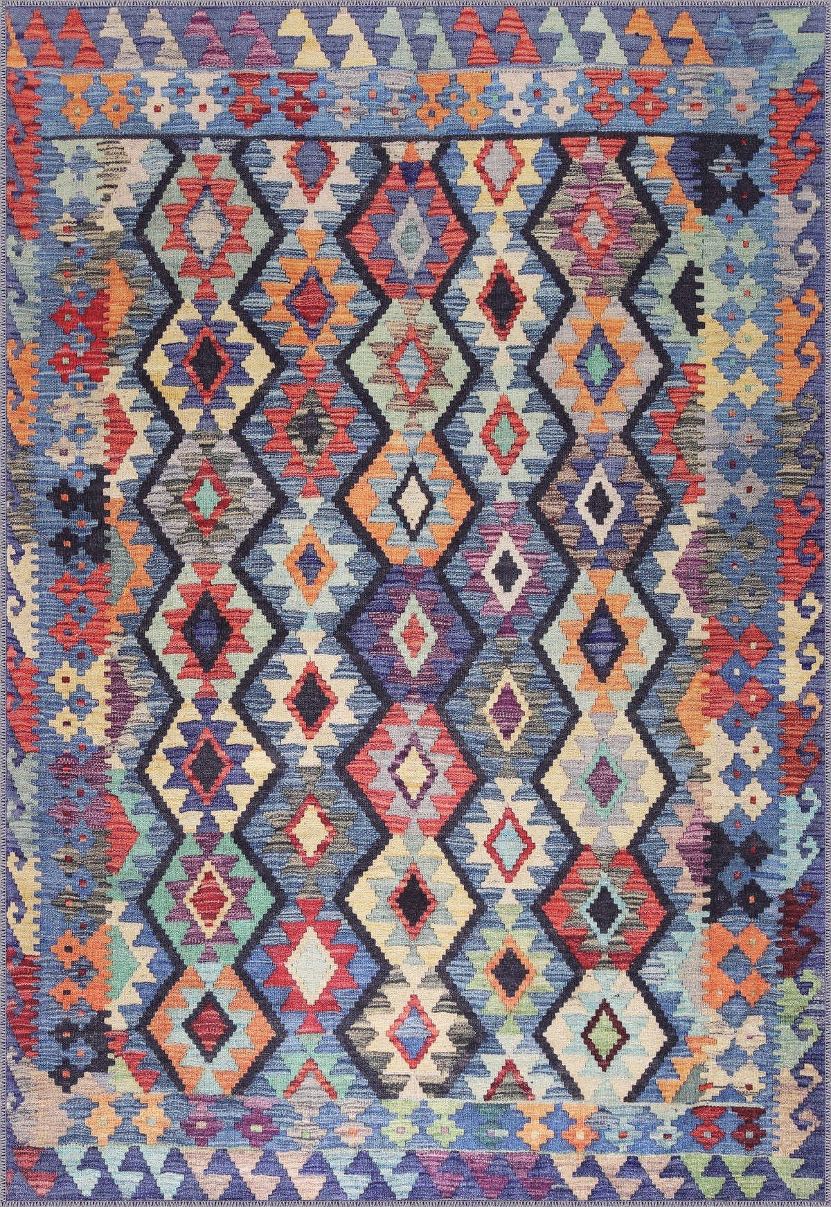 Multicolor tribal diamond geometric kilim rug by Netline Home, machine washable, suitable for living room, bedroom, or dining area.