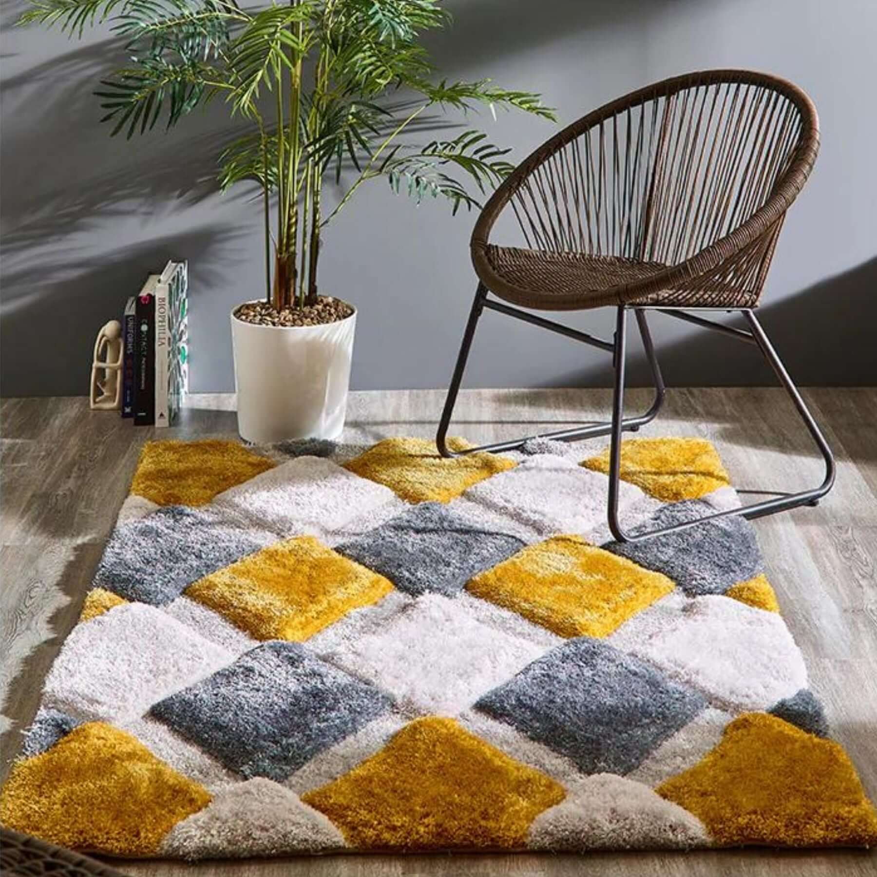 3D Ochre Geometric Shaggy Rug