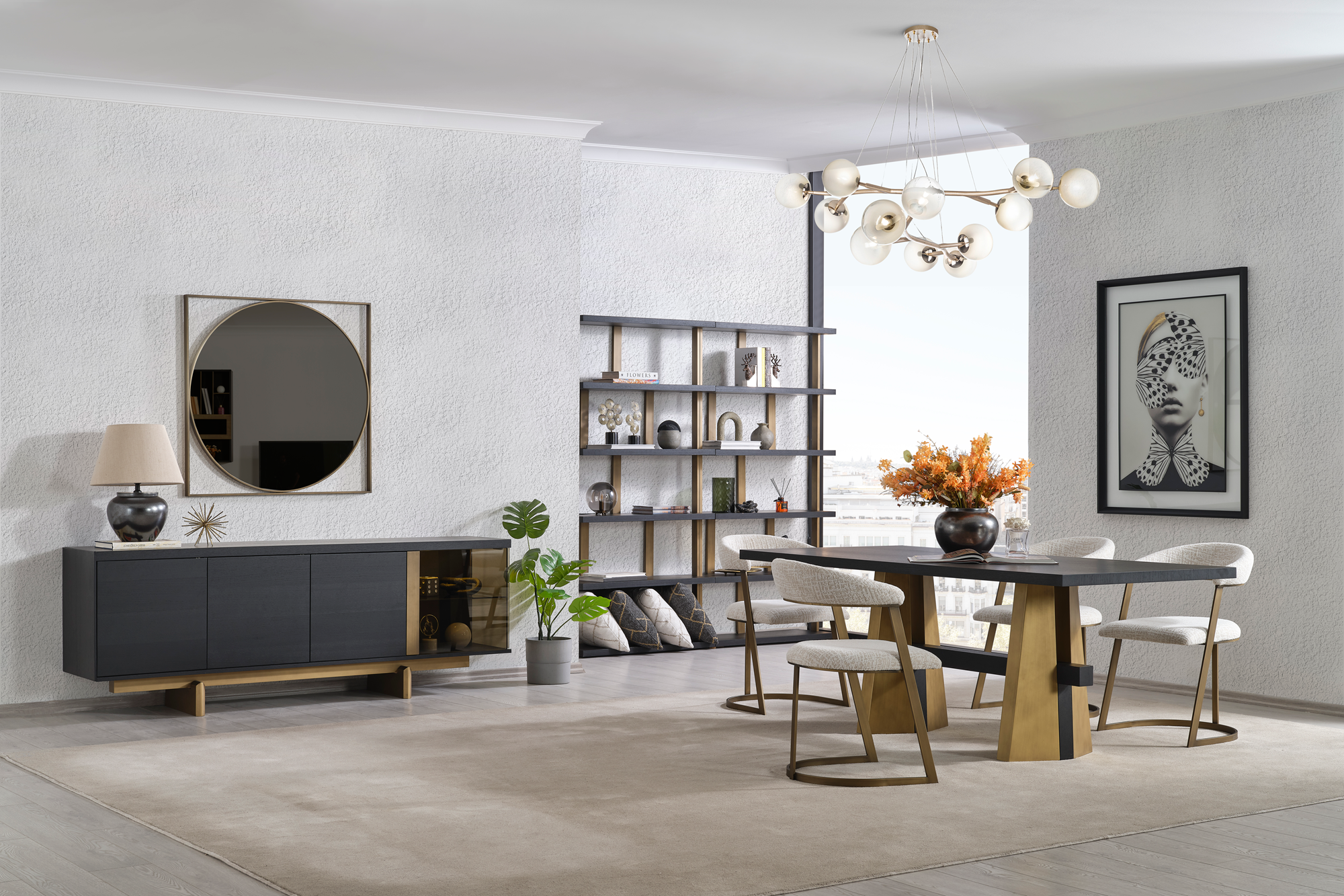 Modern Stella dining room set by Netline Home Interior featuring a sleek table and matching chairs for stylish entertaining.