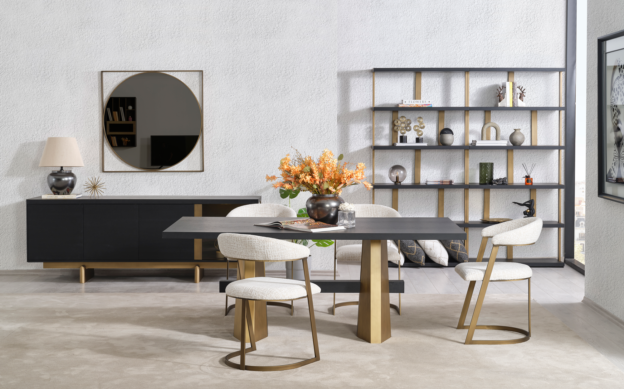 Modern Stella dining room set by Netline Home Interior featuring a sleek table and matching chairs for stylish entertaining.
