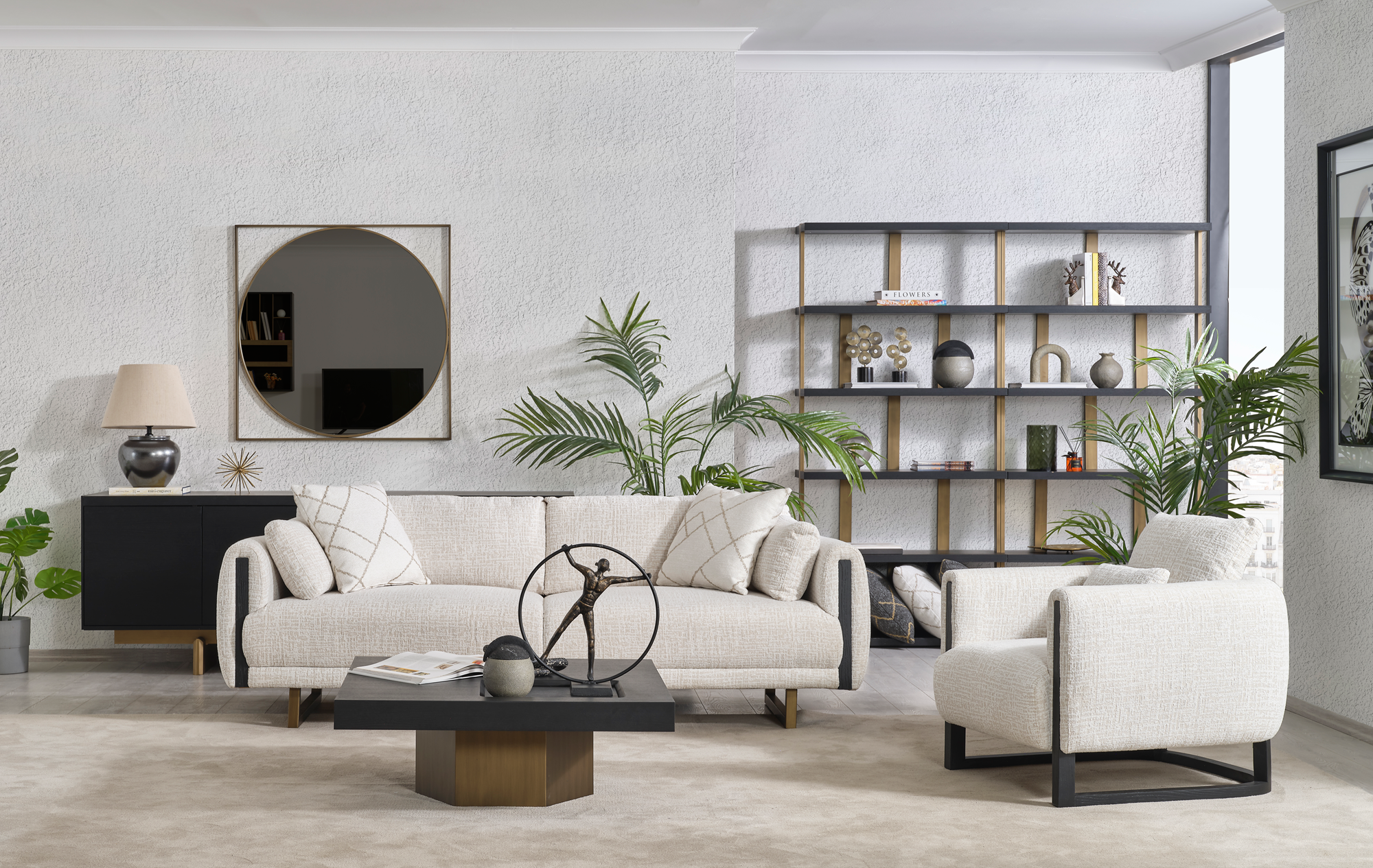Netline Home Interior Stella sofa set with modern design, featuring plush cushions and sleek fabric for stylish living room comfort.