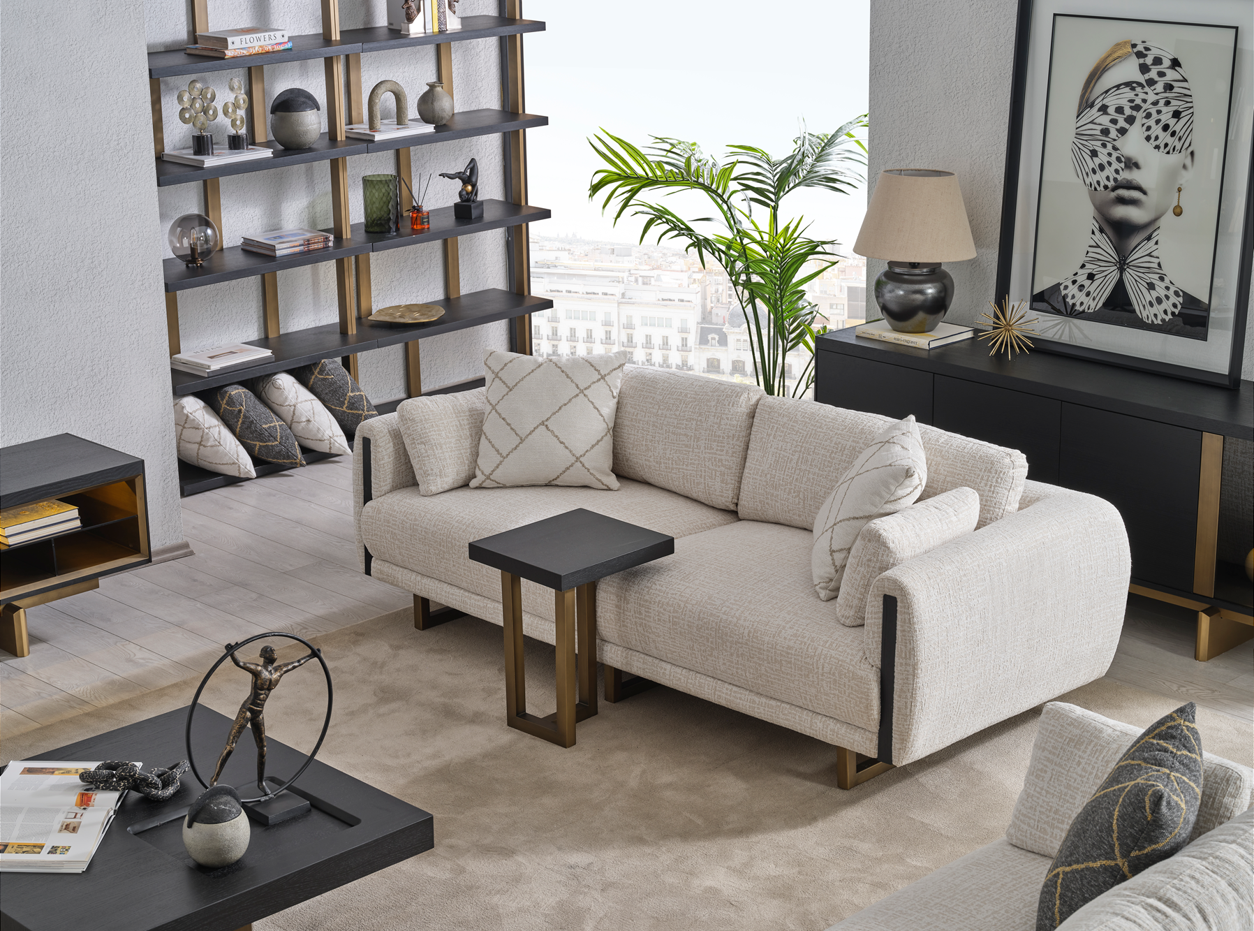Netline Home Interior Stella 4 Seater Sofa with plush cushions and spacious seating, perfect for family living room decor.