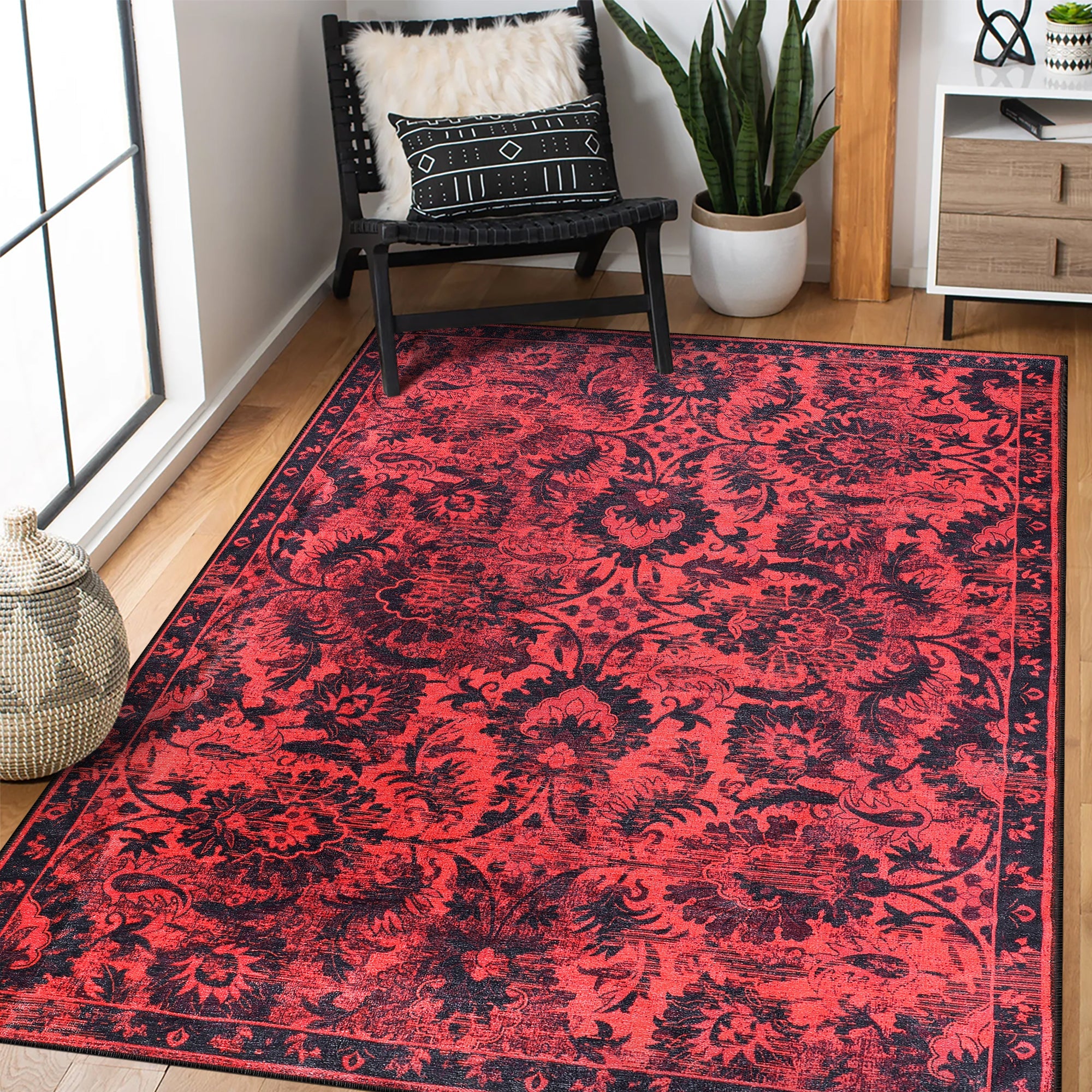 Netline Home Rugs Depot RW1010 – Machine Washable Red Vintage Floral Rug | Damask-Inspired Oriental Carpet for Living Room, Bedroom & Dining