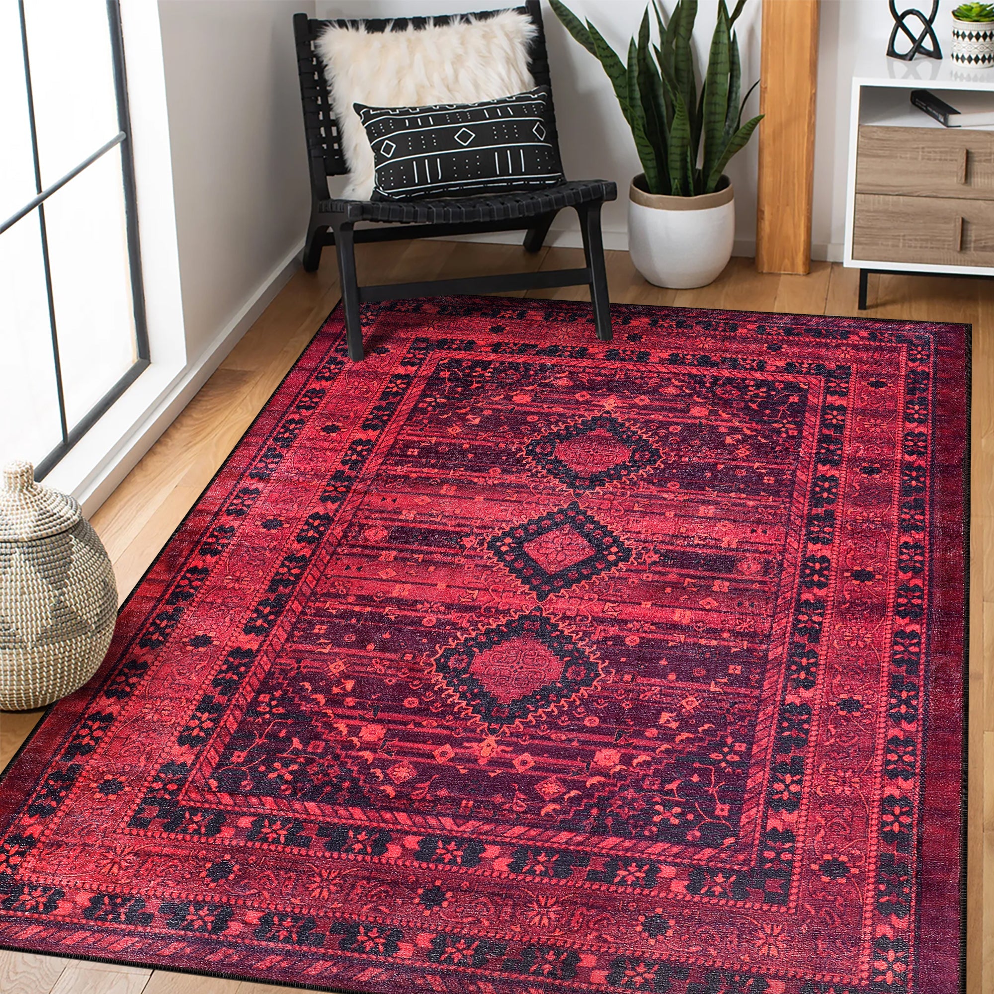 Netline Home Rugs Depot RW1009 – Machine Washable Red Tribal Medallion Rug | Oriental Geometric Carpet for Living Room, Bedroom & Office