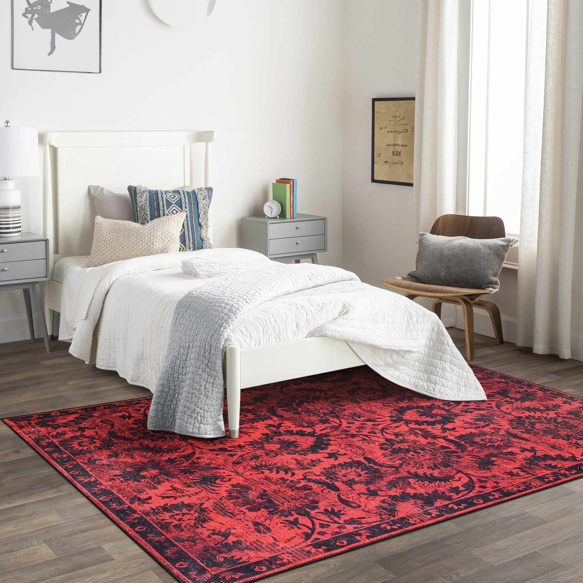 Netline Home Rugs Depot RW1010 – Machine Washable Red Vintage Floral Rug | Damask-Inspired Oriental Carpet for Living Room, Bedroom & Dining