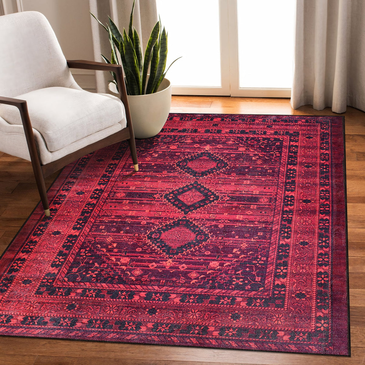 Red tribal medallion washable rug by Netline Home featuring oriental geometric pattern, ideal for living rooms, bedrooms, and offices.