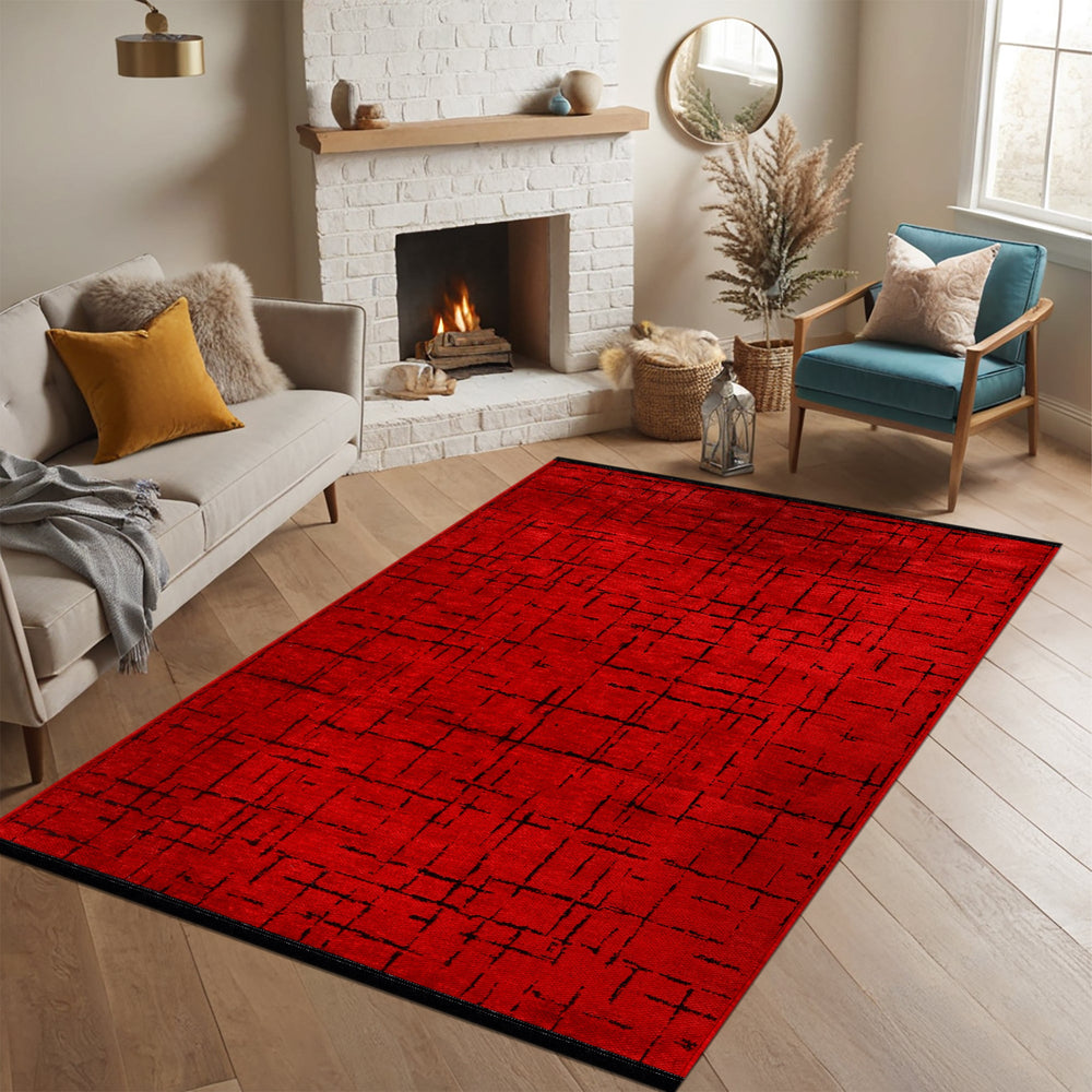 Red machine washable chenille rug from Netline Home, showcasing soft texture and durable design for home decor.