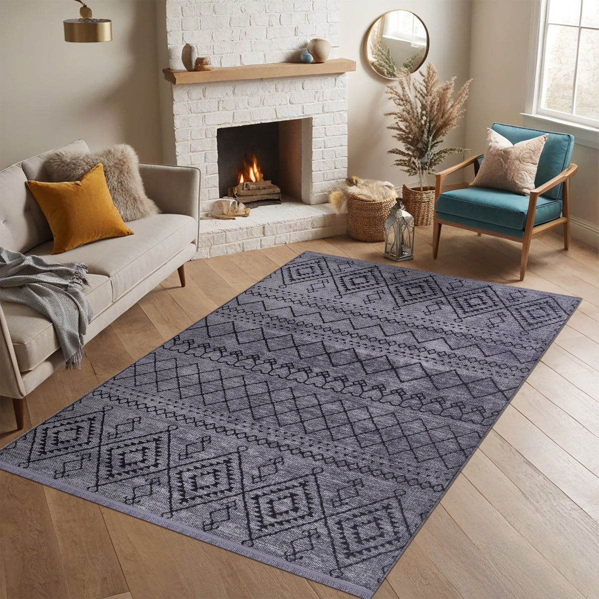 Dark gray washable rug from Netline Home, made of soft chenille, shown in a cozy living room setting.