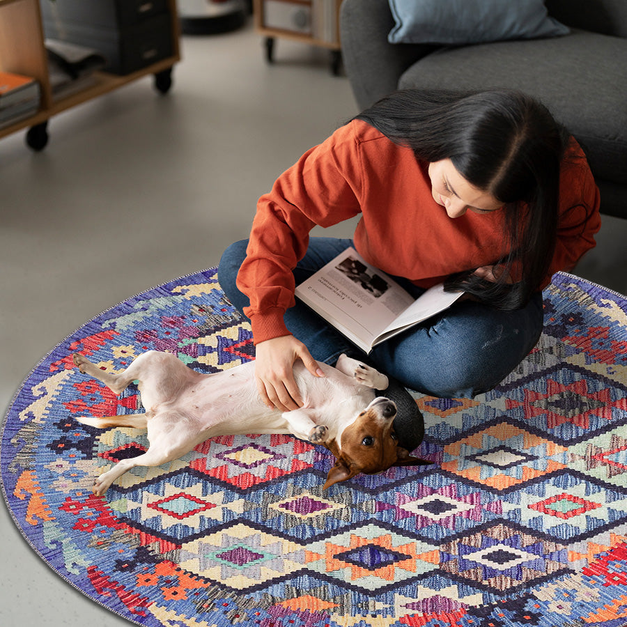Colorful Kilim tribal geometric washable rug by Netline Home, featuring a soft chenille texture and non-slip cotton backing.