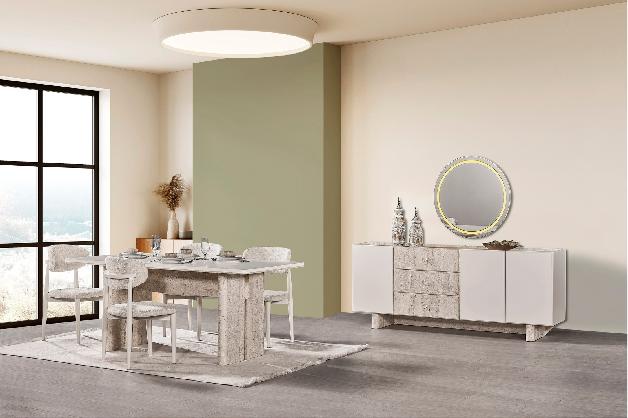 Pamukkale dining table with matching chairs by Netline Home Interior, stylish family dining room setup with wood finish and modern design.