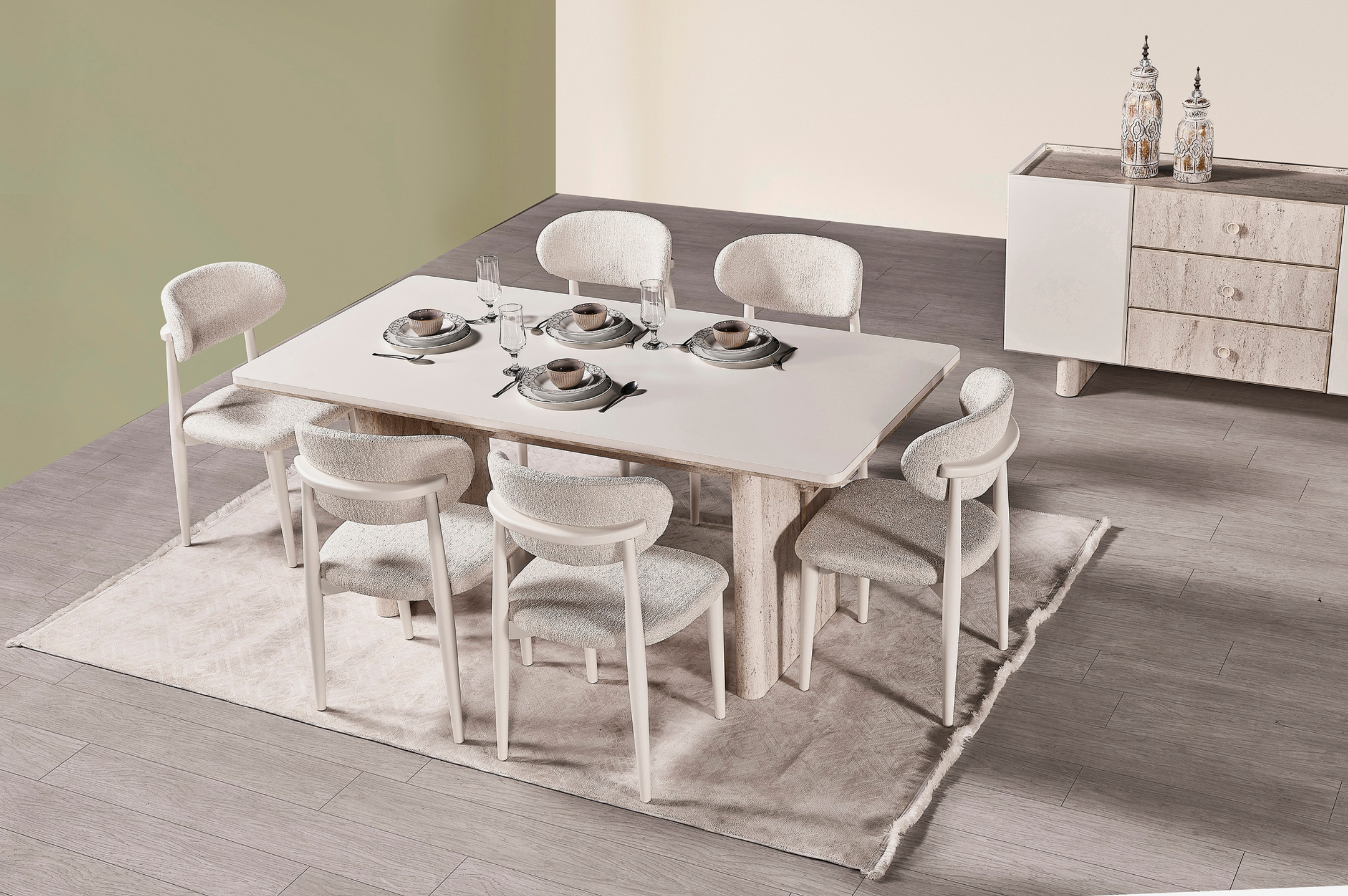 Modern Pamukkale dining room set by Netline Home Interior with a table and matching chairs in a contemporary style.