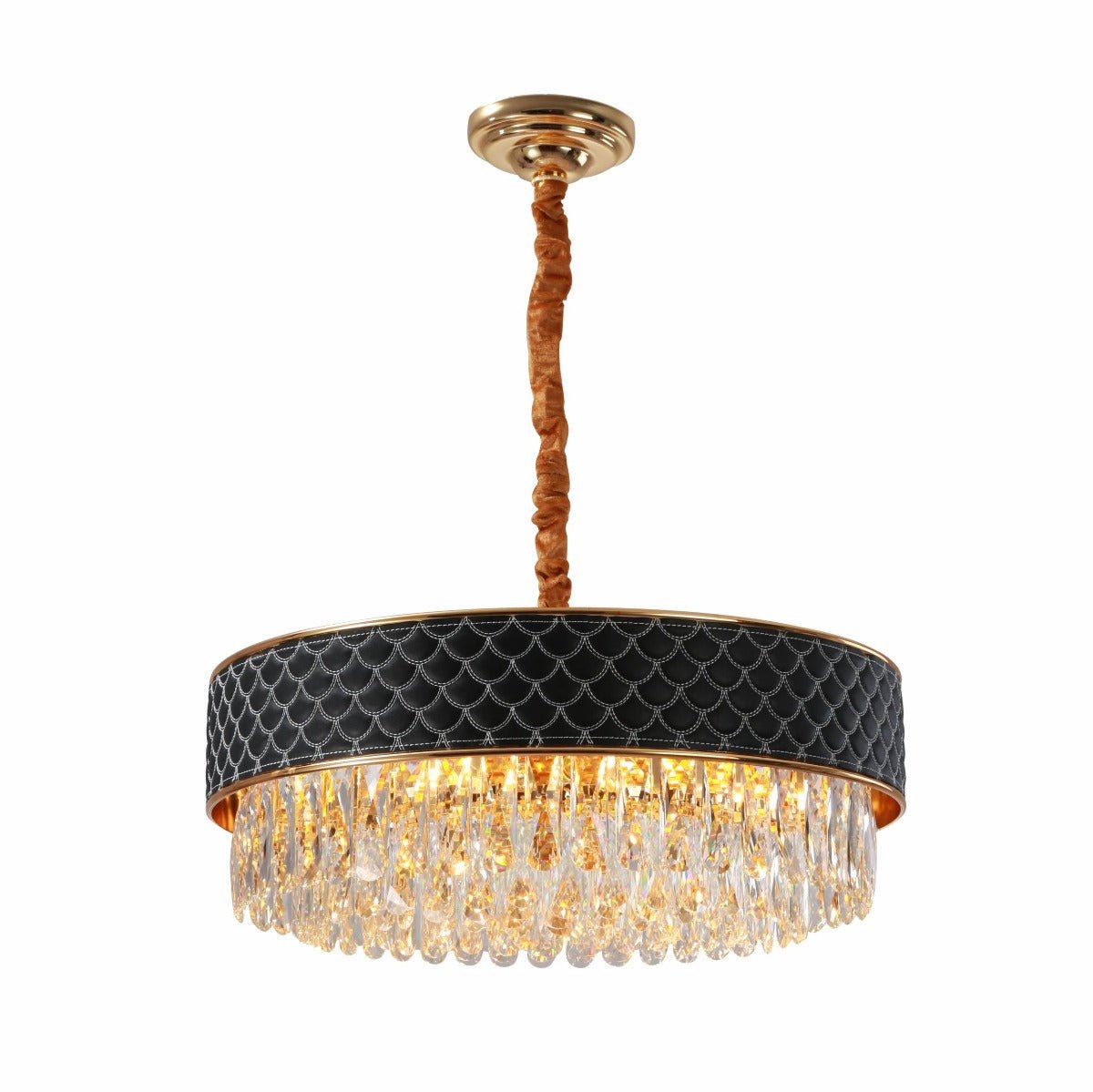 Elegant crystal chandelier with black or cream leather shade, gold metal body, and E14 bulbs for luxurious ceiling lighting.