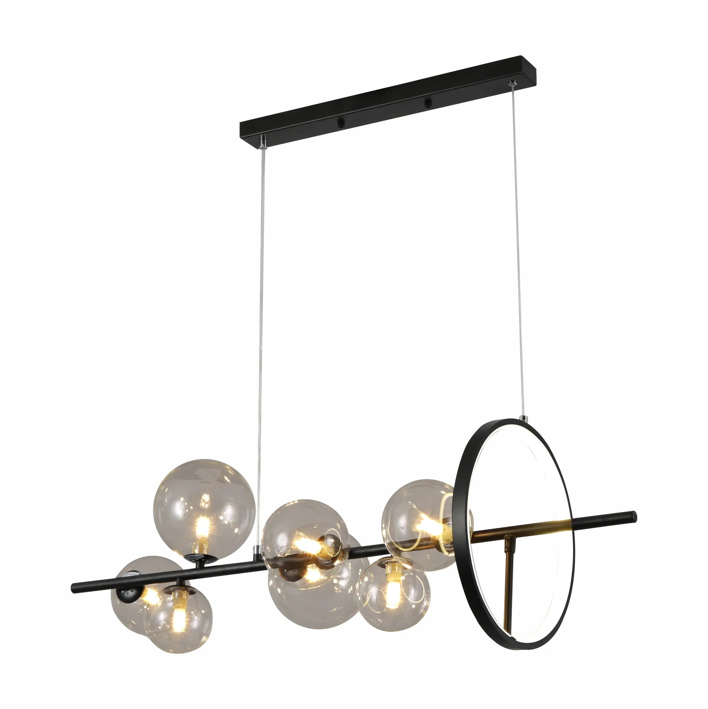 Black globe glass chandelier ceiling light featuring clear glass globes, ideal for kitchen island lighting by Netline Home Interior.