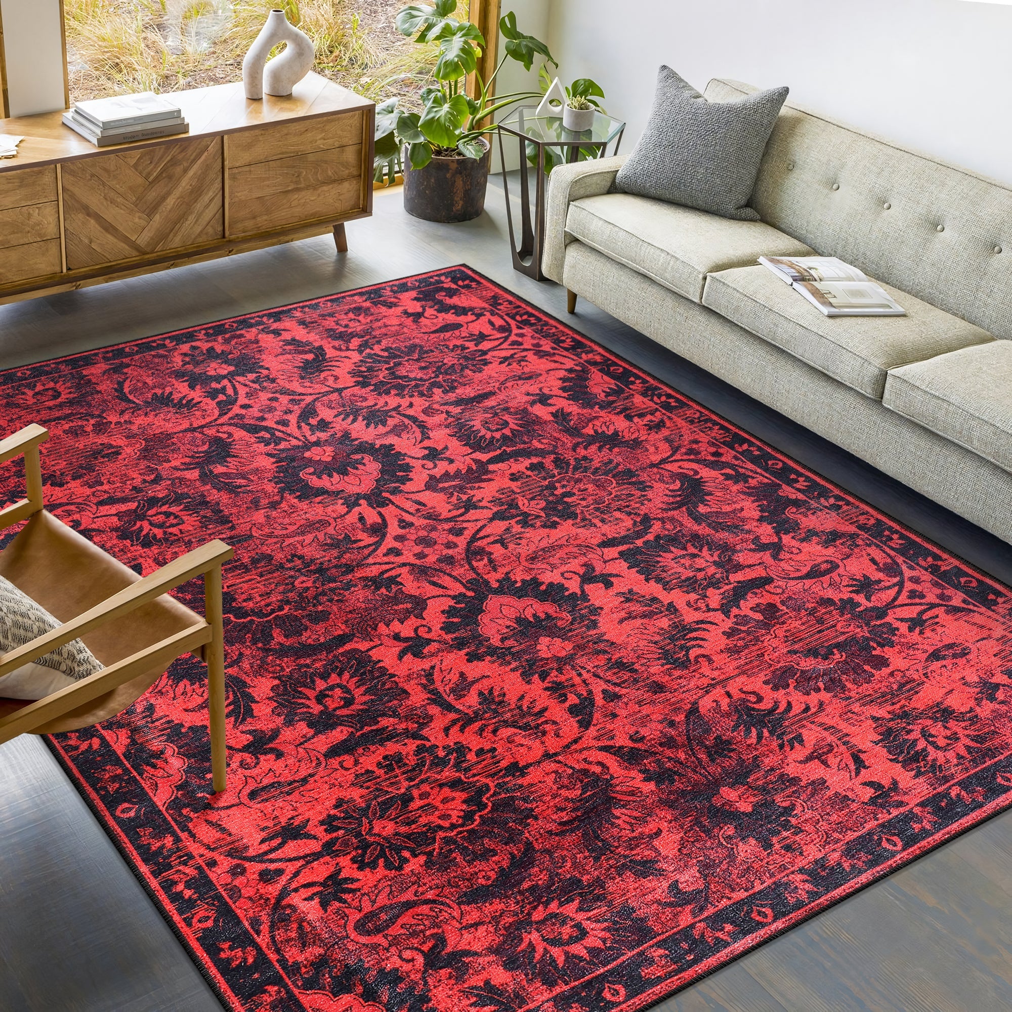 Netline Home Rugs Depot RW1010 – Machine Washable Red Vintage Floral Rug | Damask-Inspired Oriental Carpet for Living Room, Bedroom & Dining