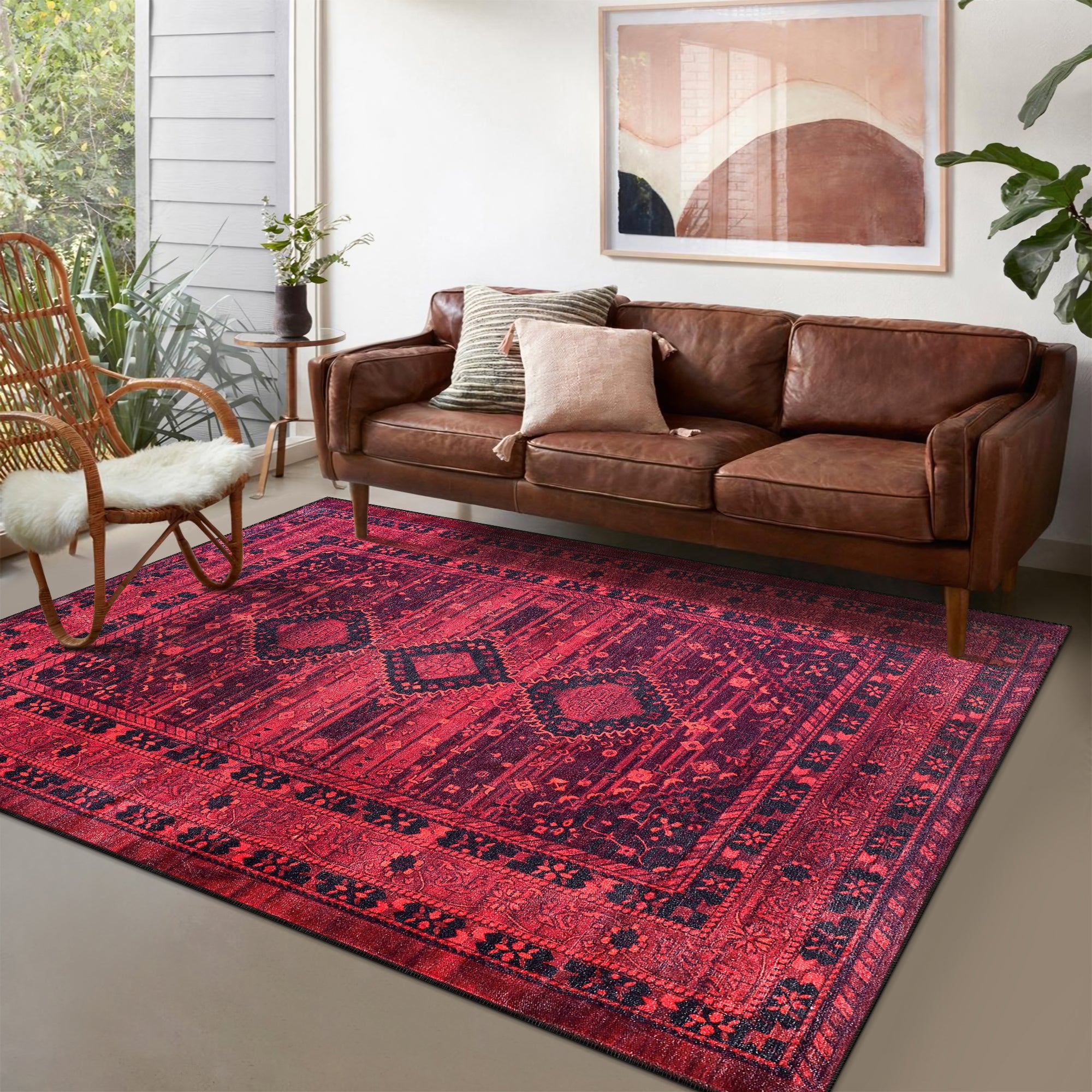 Netline Home Rugs Depot RW1009 – Machine Washable Red Tribal Medallion Rug | Oriental Geometric Carpet for Living Room, Bedroom & Office