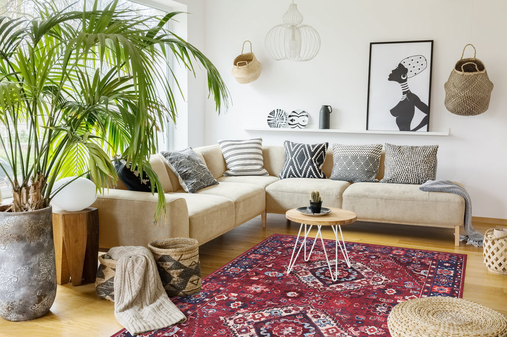 Black and white geometric patchwork washable rug by Netline Home, featuring a modern pattern and durable fabric.